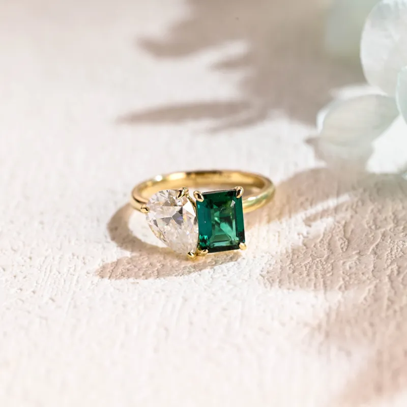 Solid Gold Toi et Moi Lab Grown Emerald & Pear Cut Moissanite Engagament Ring sold by Causyou