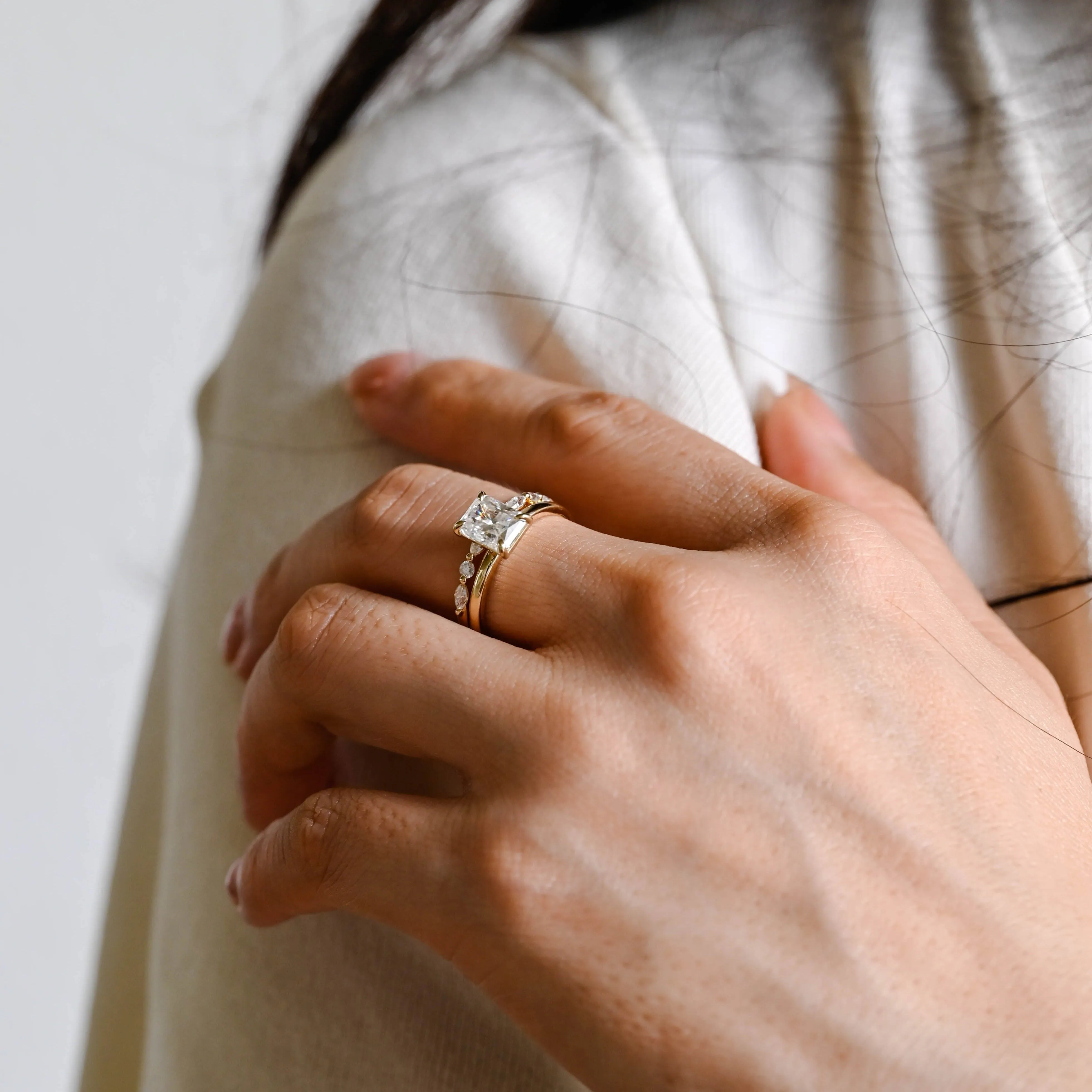 Solid Gold Radiant Cut Moissanite Engagement Wedding Ring Set sold by Causyou product image thumbnail 4