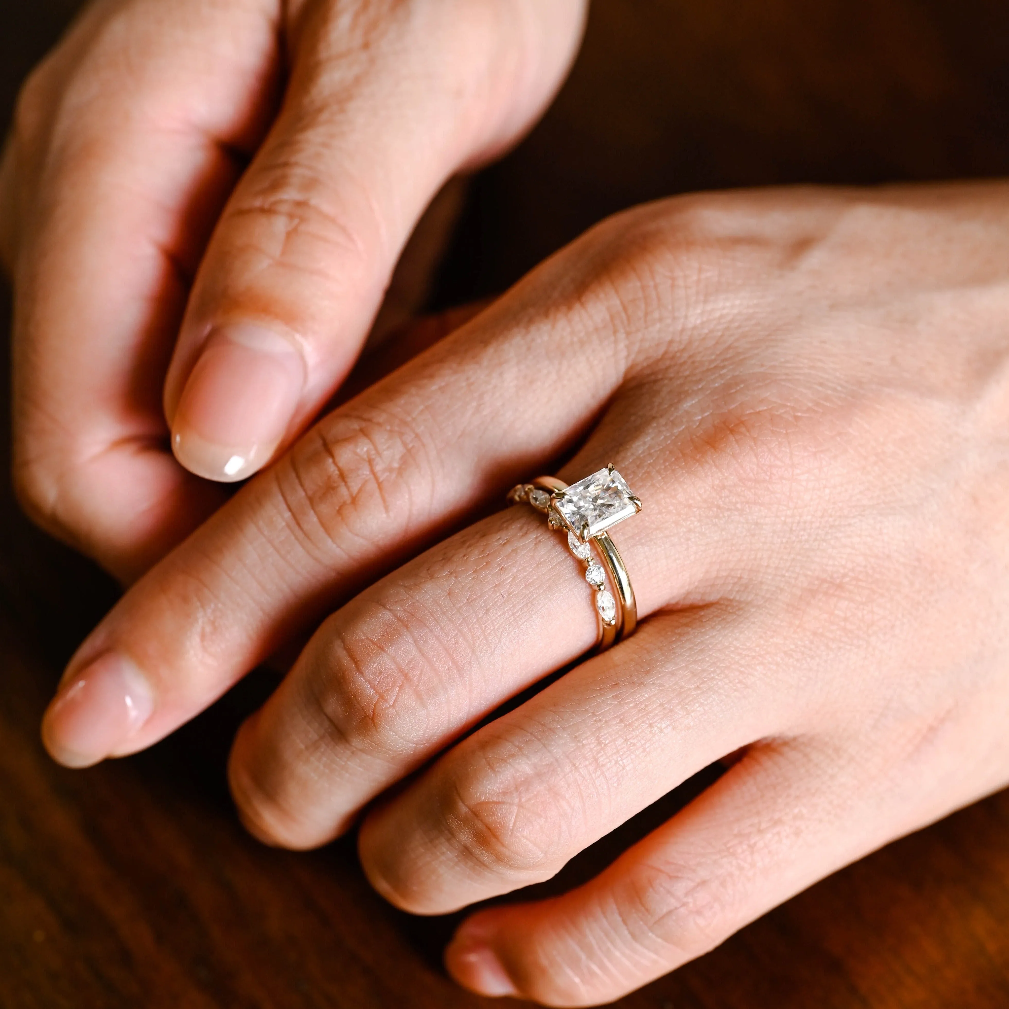 Solid Gold Radiant Cut Moissanite Engagement Wedding Ring Set sold by Causyou product image thumbnail 3