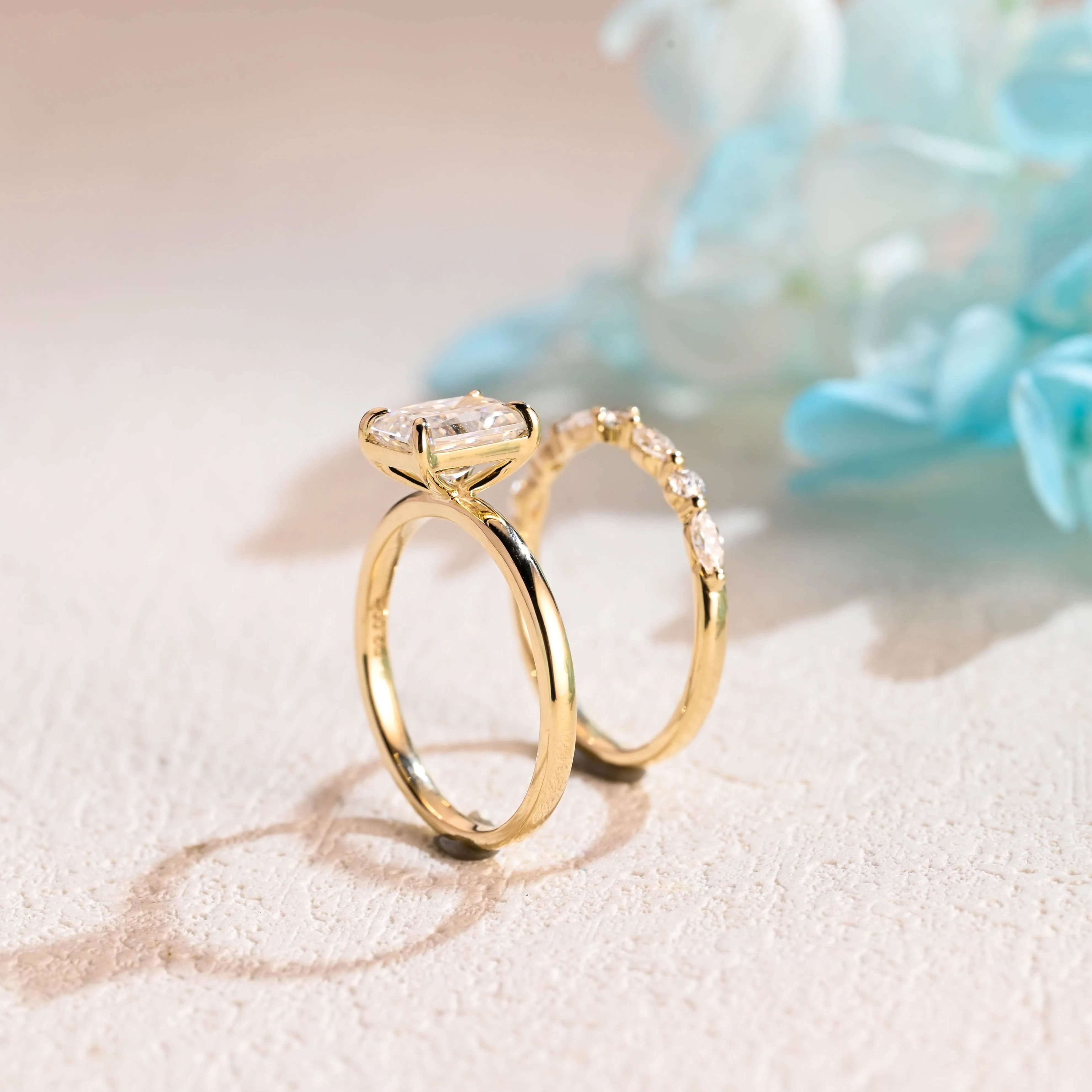 Solid Gold Radiant Cut Moissanite Engagement Wedding Ring Set sold by Causyou product image thumbnail 5