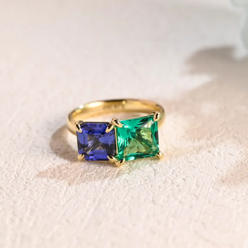 Solid Gold Toi Et Moi Ring Lab Grown Princess Cut Emerald & Asscher Cut Sapphire Engagement Ring sold by Causyou