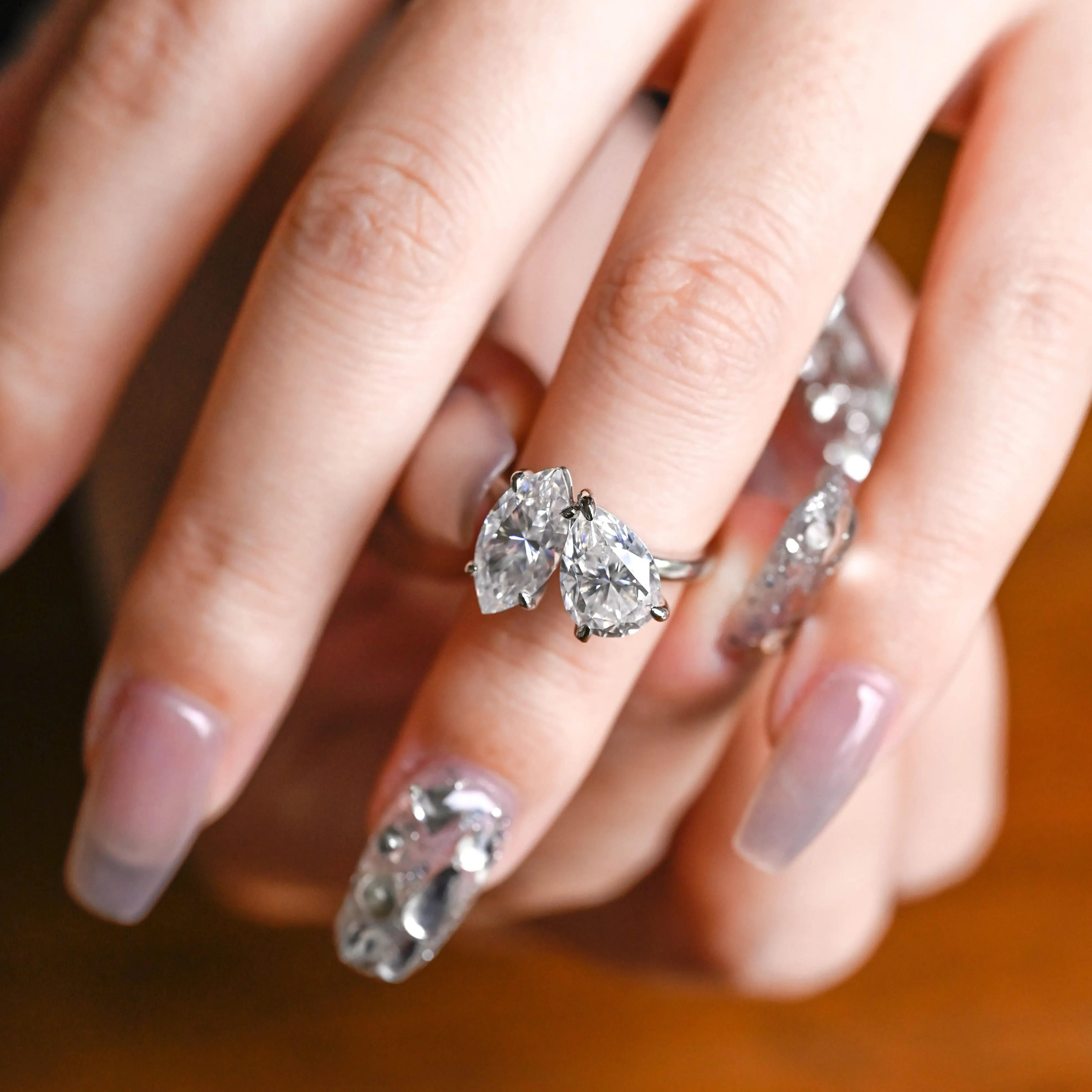 Solid Gold Toi Et Moi Ring, Pear & Marquise Cut Moissanite Engagement Ring sold by Causyou product image thumbnail 2