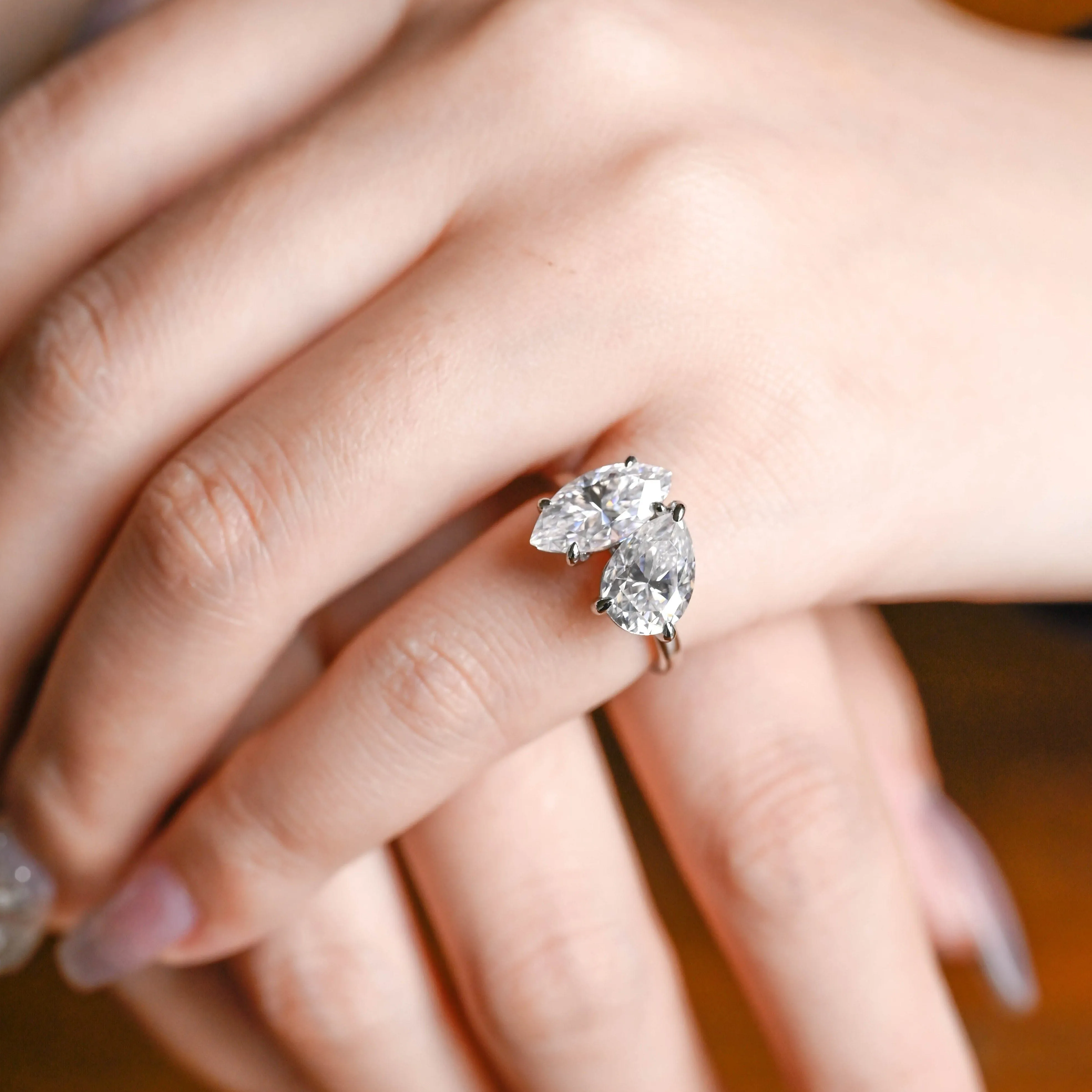 Solid Gold Toi Et Moi Ring, Pear & Marquise Cut Moissanite Engagement Ring sold by Causyou product image thumbnail 4