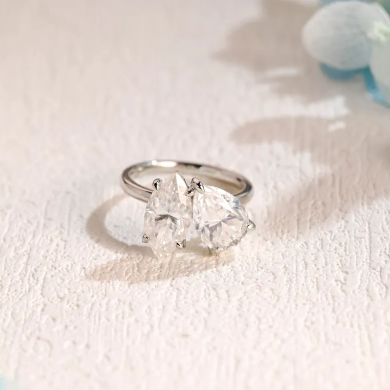 Solid Gold Toi Et Moi Ring, Pear & Marquise Cut Moissanite Engagement Ring sold by Causyou