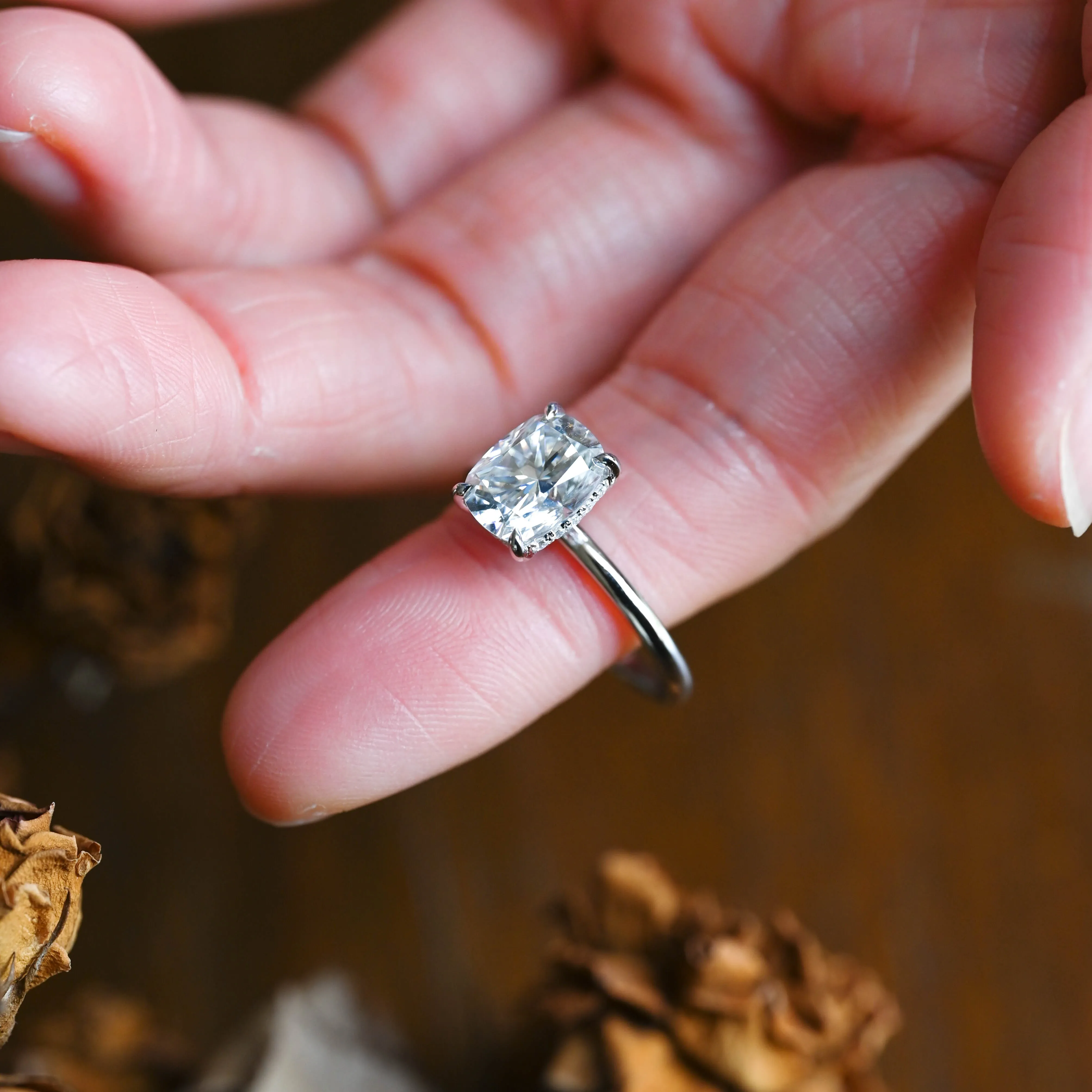 Solid Gold Hidden Halo Elongated Cushion Cut Moissanite Engagement Ring sold by Causyou product image thumbnail 4