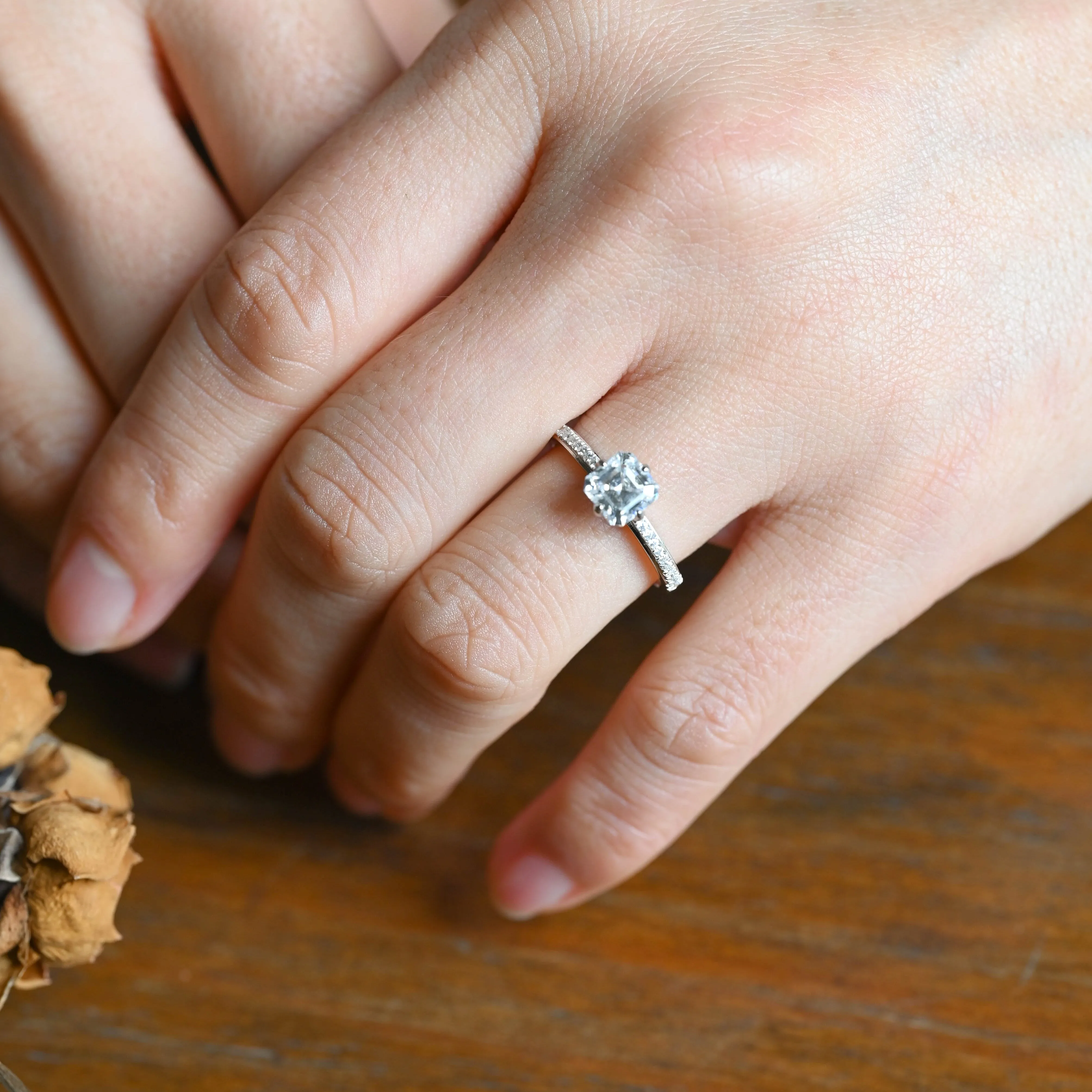 Solid Gold Hidden Halo Asscher Cut Moissanite Engagement Ring sold by Causyou product image thumbnail 3