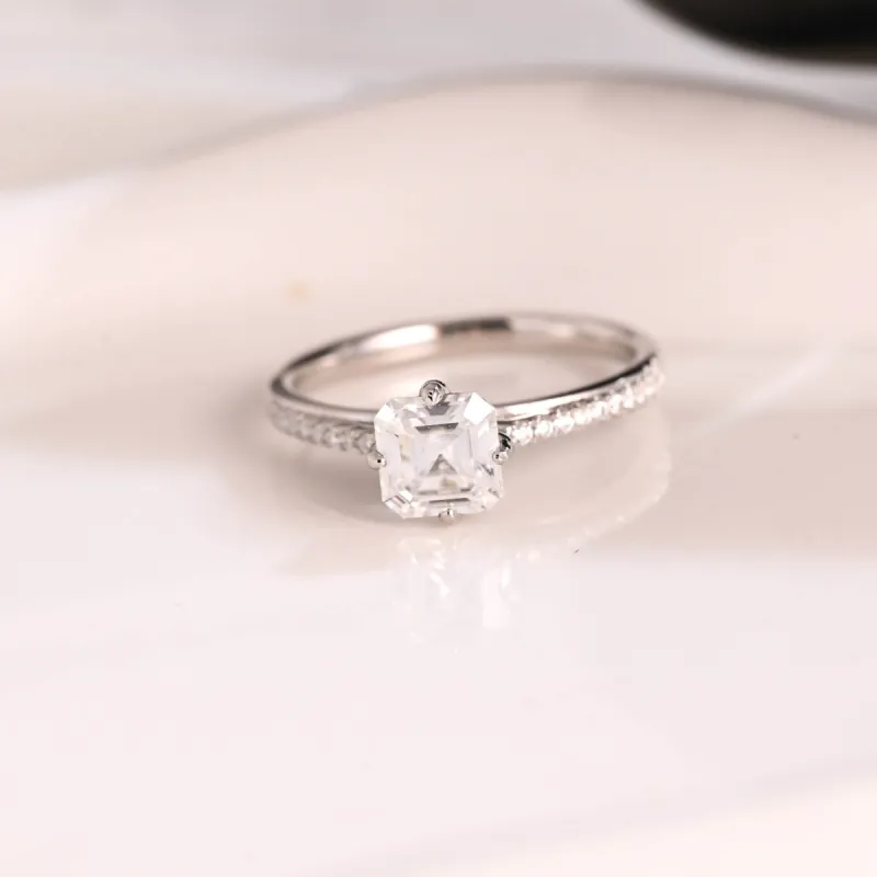 Solid Gold Hidden Halo Asscher Cut Moissanite Engagement Ring sold by Causyou