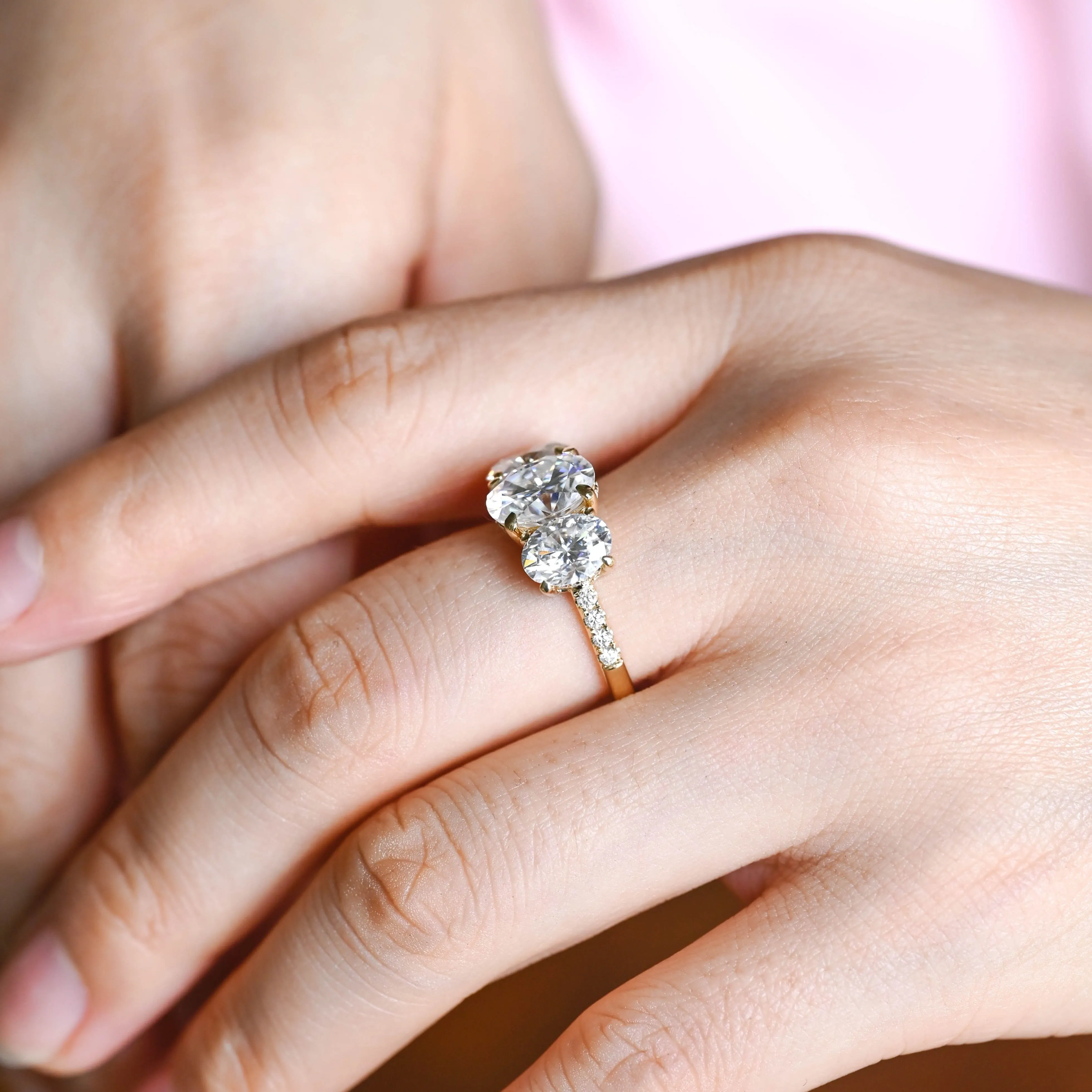 Solid Gold Hidden Halo Three Stone Oval Moissanite Engagement Ring sold by Causyou product image thumbnail 3