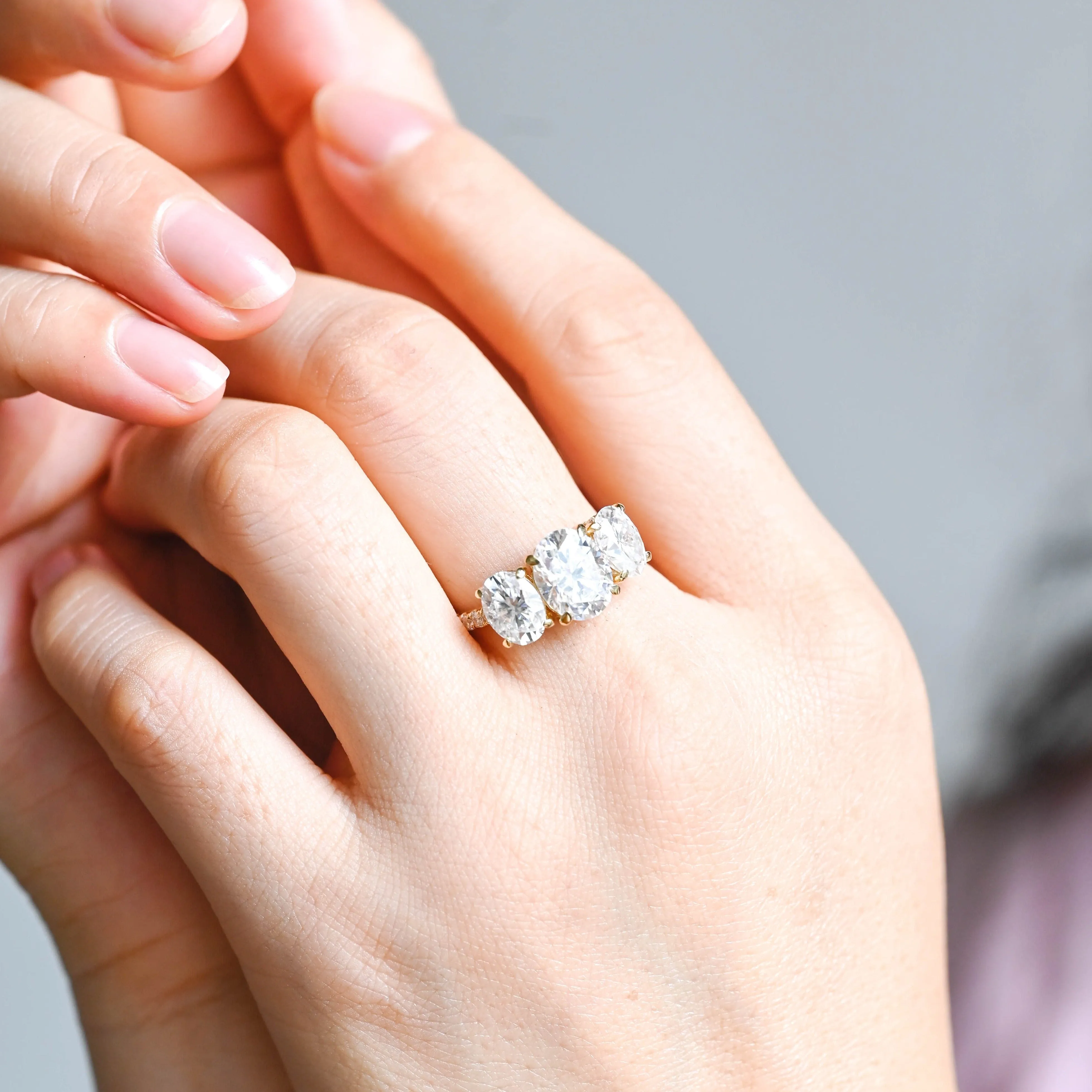 Solid Gold Hidden Halo Three Stone Oval Moissanite Engagement Ring sold by Causyou product image thumbnail 4