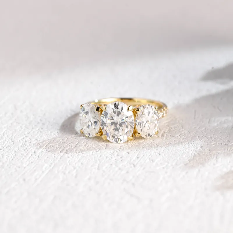 Solid Gold Hidden Halo Three Stone Oval Moissanite Engagement Ring sold by Causyou