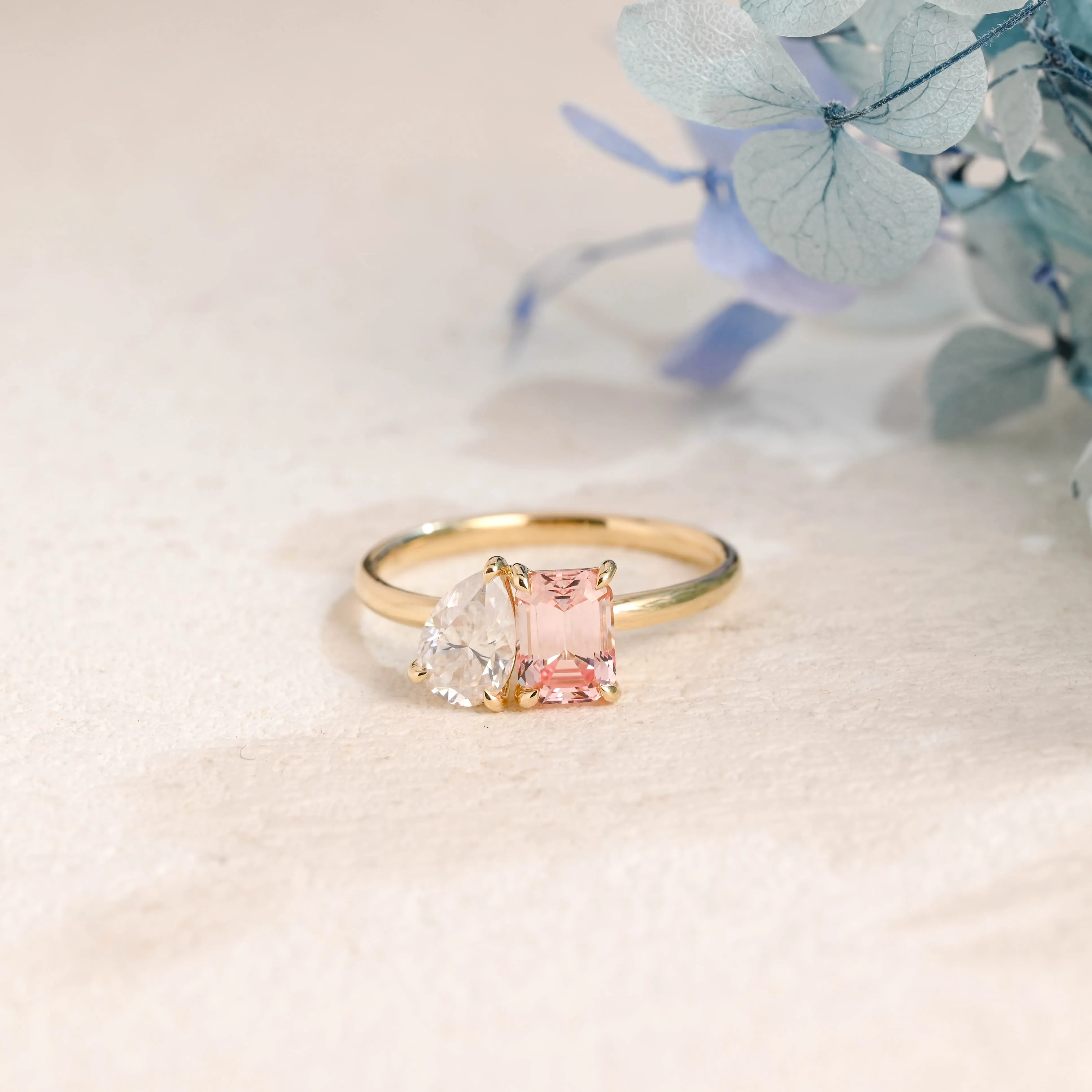 Solid Gold Toi et Moi Pink Emerald Cut Lab Grown Sapphire & Pear Cut Moissanite Engagament Ring sold by Causyou