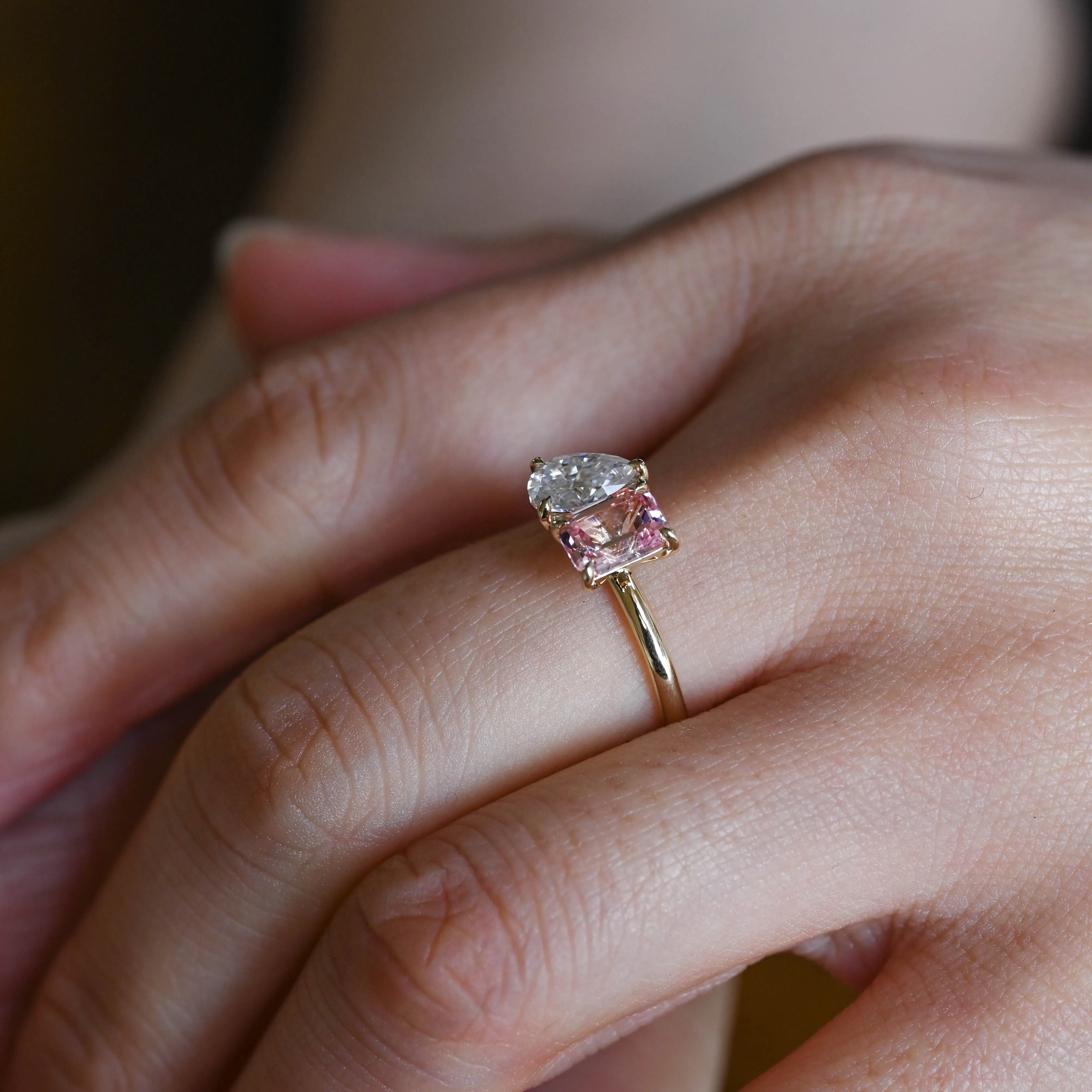 Solid Gold Toi et Moi Pink Emerald Cut Lab Grown Sapphire & Pear Cut Moissanite Engagament Ring sold by Causyou product image thumbnail 3