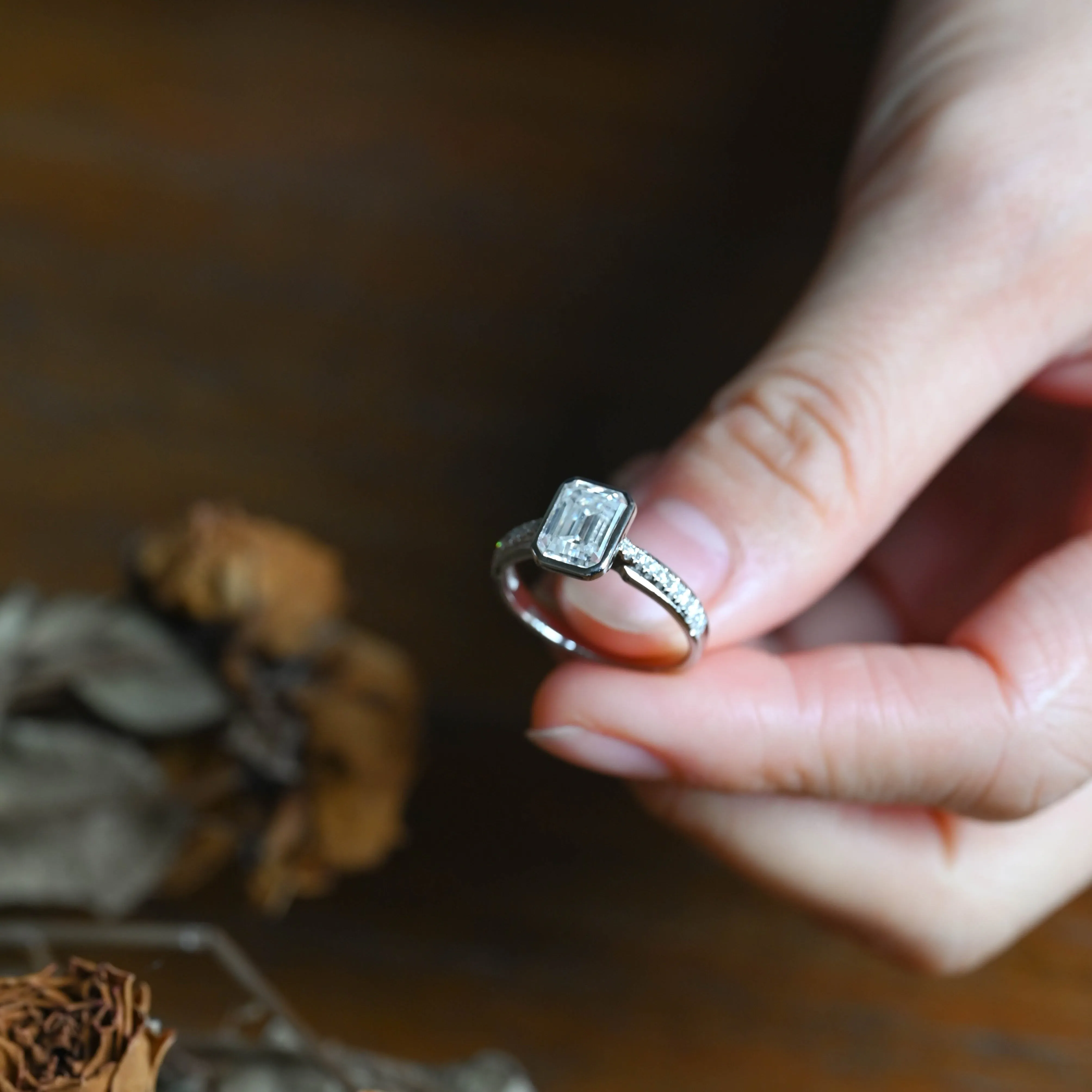 Solid Gold Bezel Half Eternity Emerald Cut Moissanite Engagement Ring sold by Causyou product image thumbnail 2