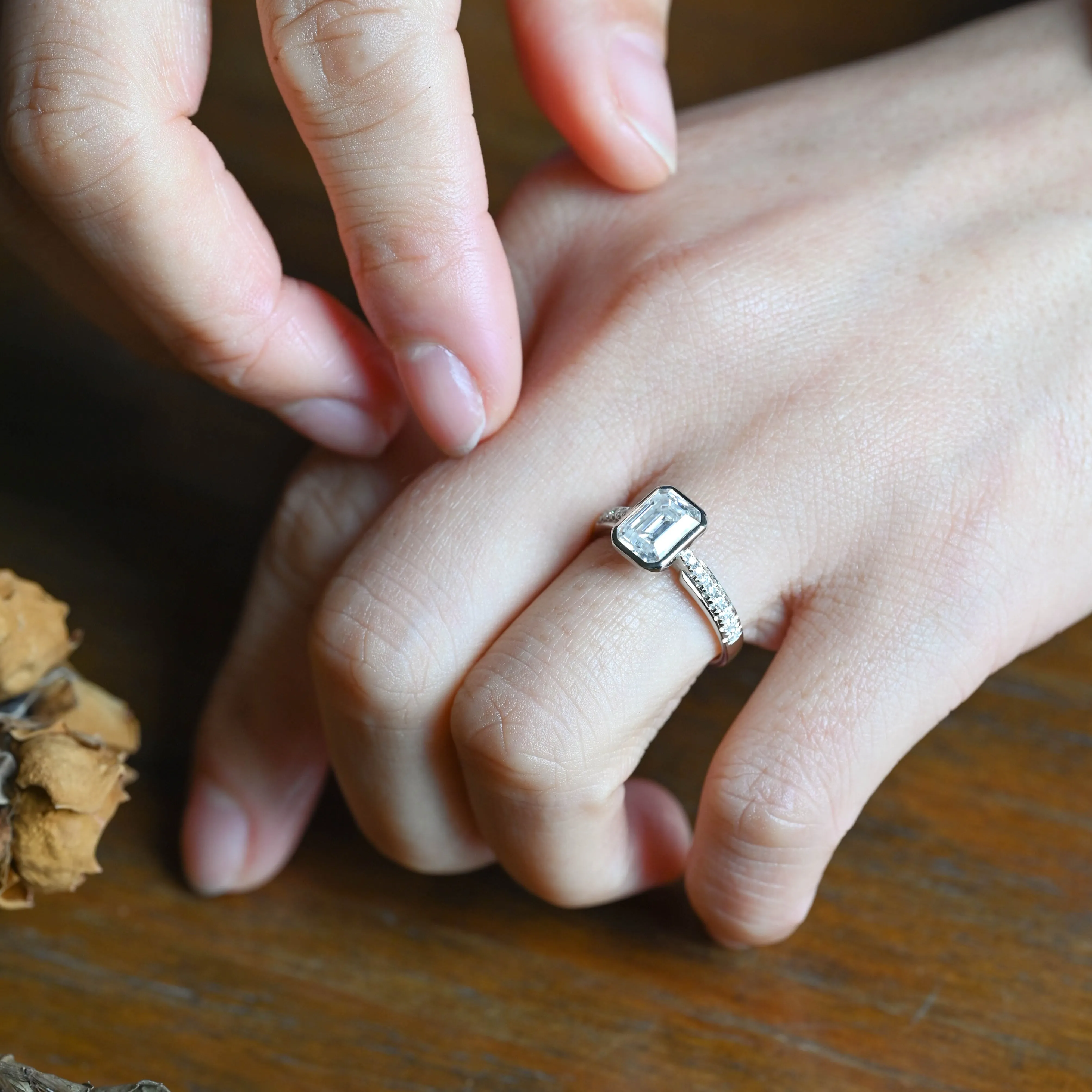 Solid Gold Bezel Half Eternity Emerald Cut Moissanite Engagement Ring sold by Causyou product image thumbnail 3