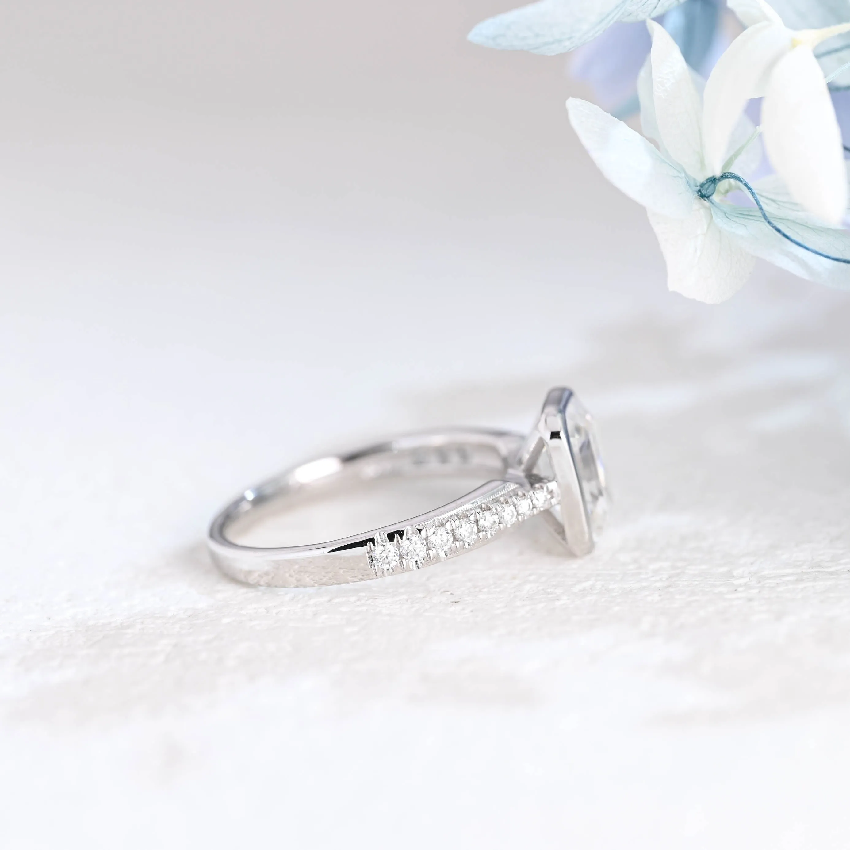 Solid Gold Bezel Half Eternity Emerald Cut Moissanite Engagement Ring sold by Causyou product image thumbnail 4