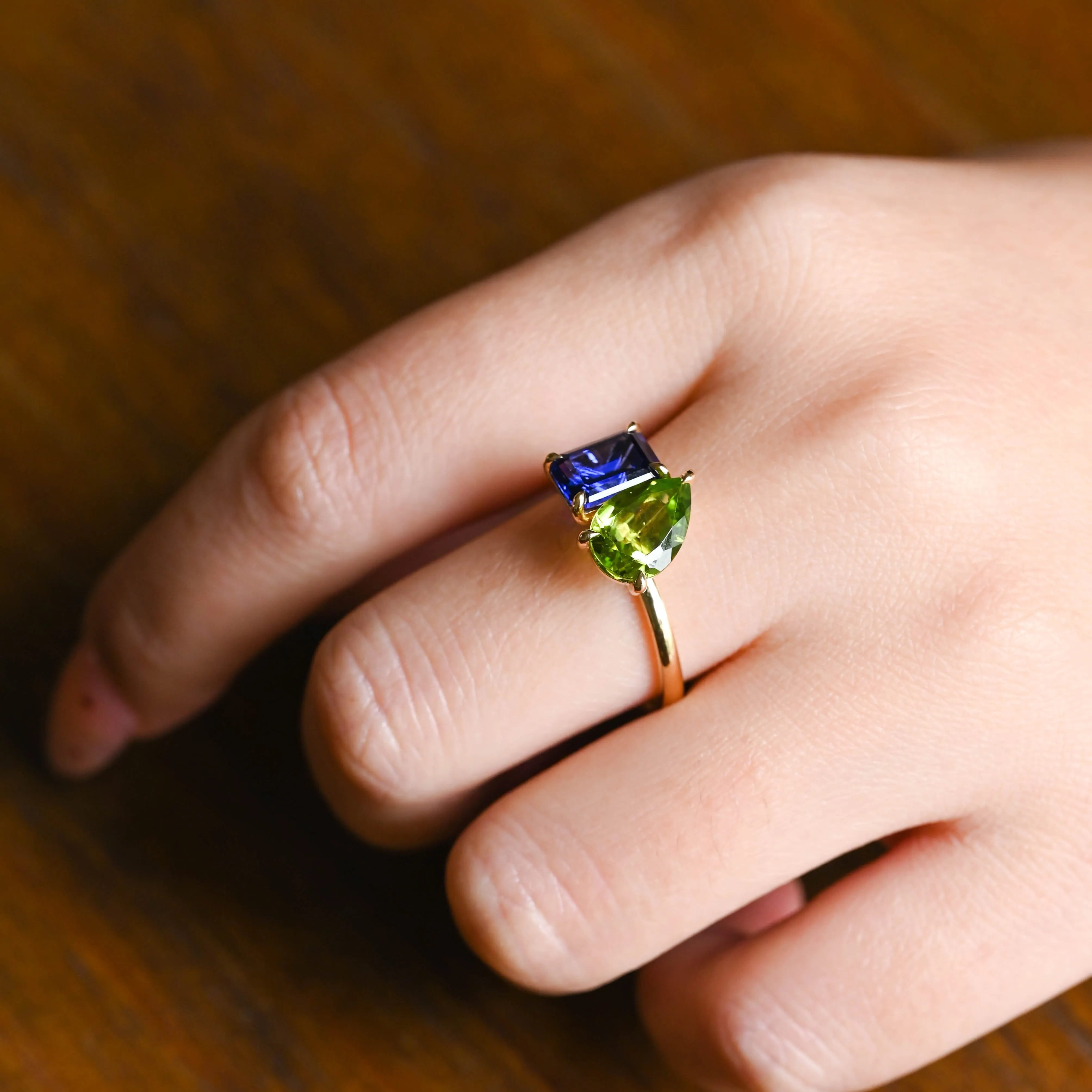 Solid Gold Toi Et Moi Emerald Cut Blue Sapphire & Pear Cut Olivine Engagement Ring sold by Causyou product image thumbnail 2