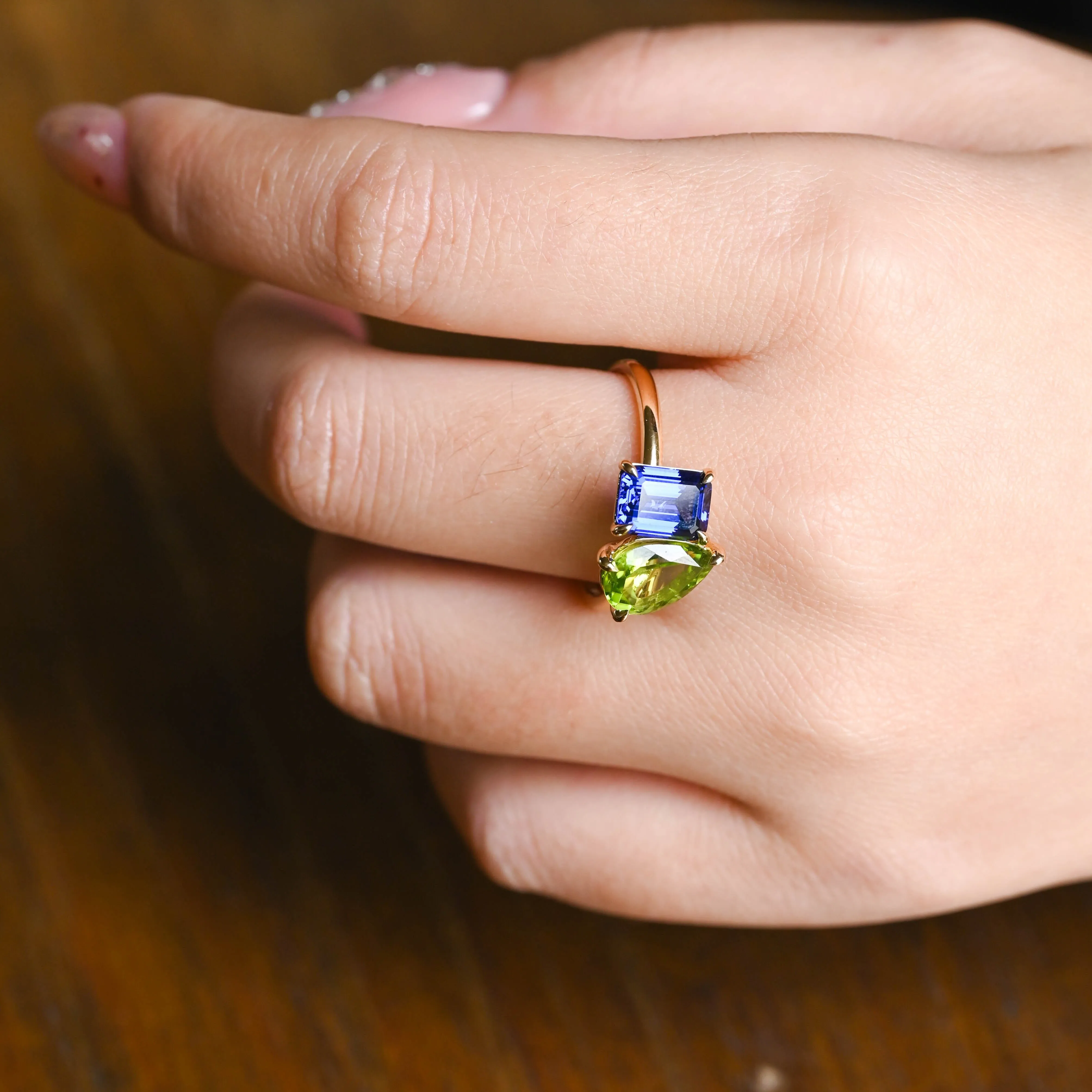 Solid Gold Toi Et Moi Emerald Cut Blue Sapphire & Pear Cut Olivine Engagement Ring sold by Causyou product image thumbnail 3