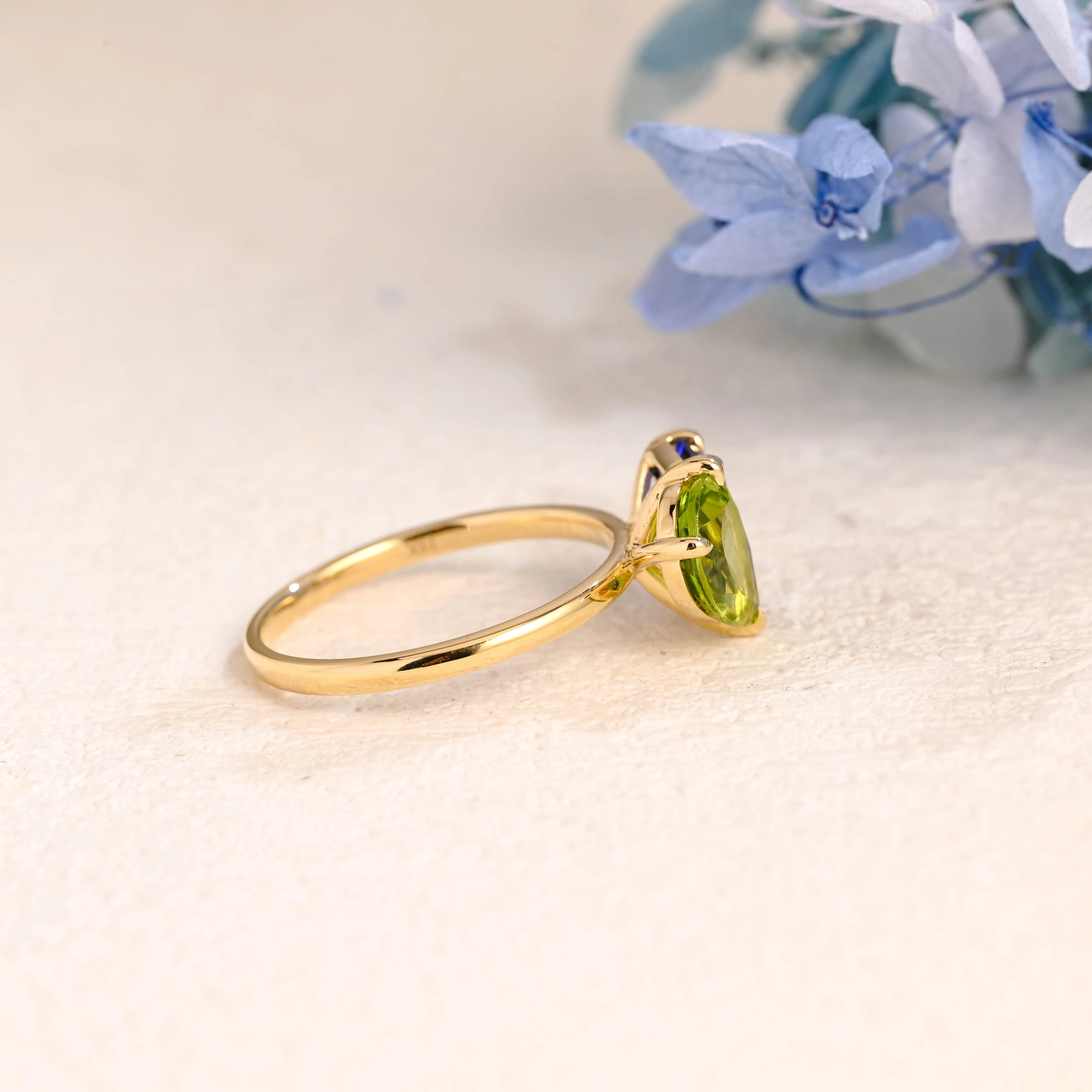 Solid Gold Toi Et Moi Emerald Cut Blue Sapphire & Pear Cut Olivine Engagement Ring sold by Causyou product image thumbnail 5