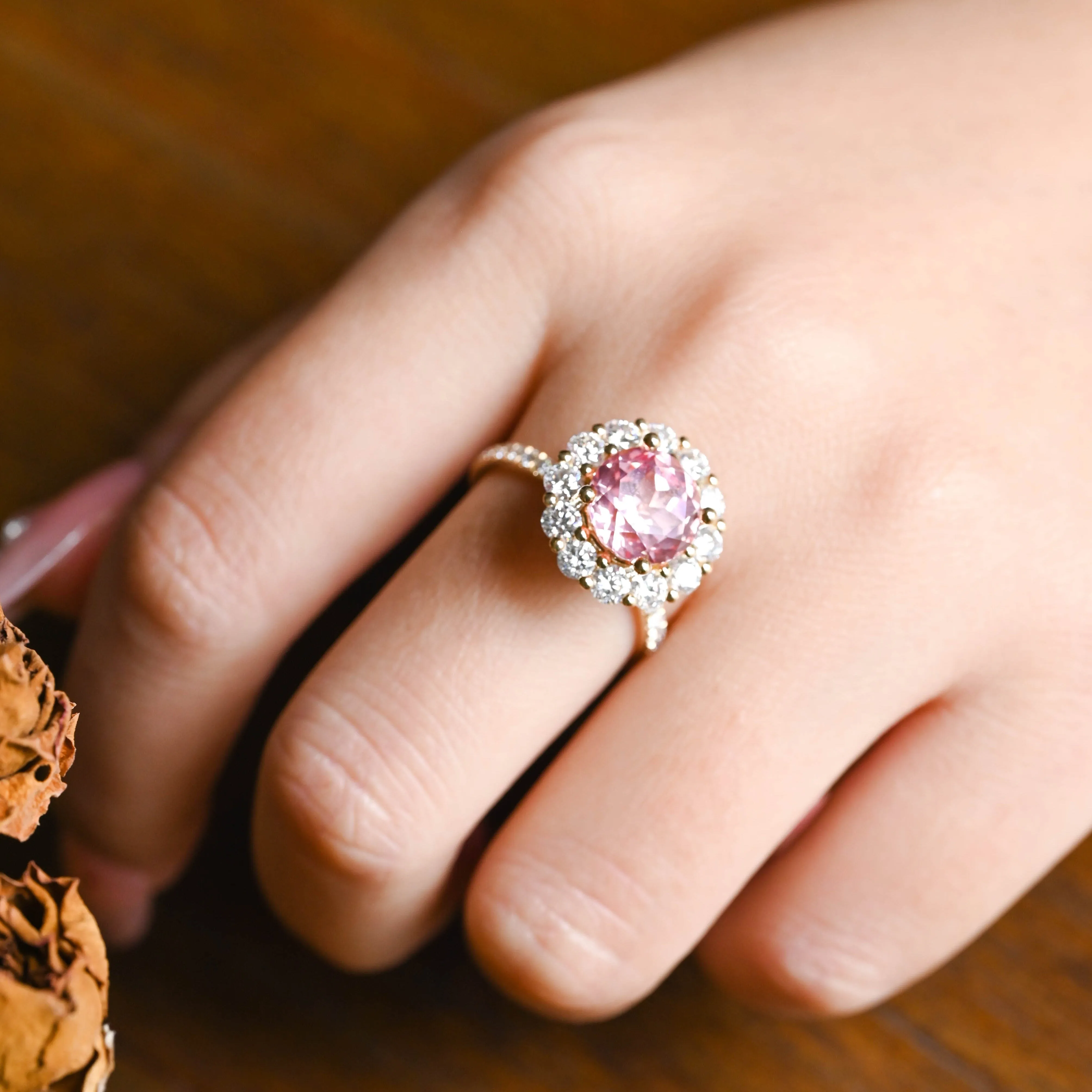 Solid Gold Floral Halo Round Lab Grown Padparadscha Pink Sapphire Engagement Ring sold by Causyou product image thumbnail 2