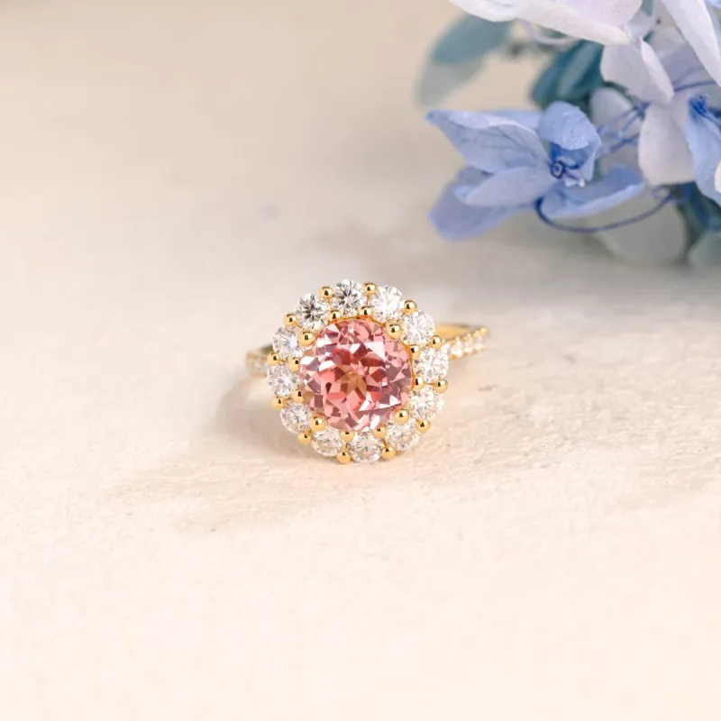 Solid Gold Floral Halo Round Lab Grown Padparadscha Pink Sapphire Engagement Ring sold by Causyou