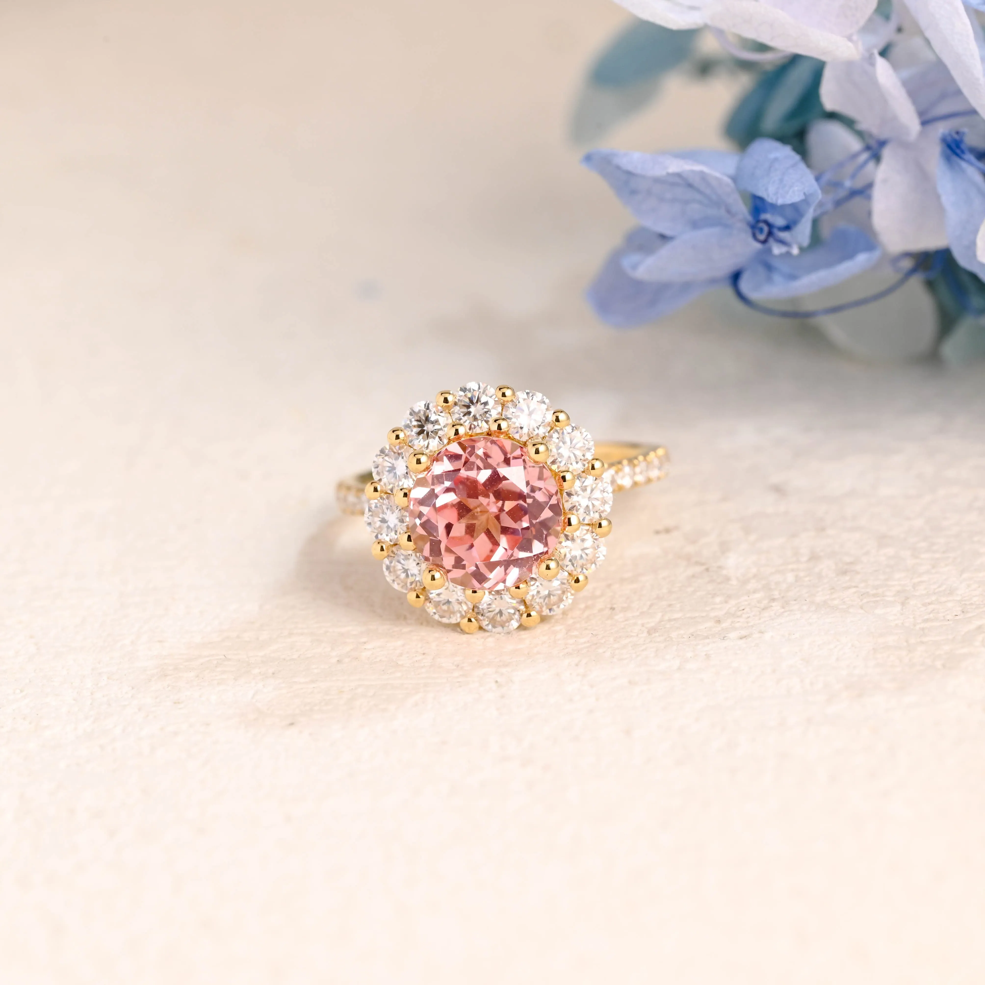 Solid Gold Floral Halo Round Lab Grown Padparadscha Pink Sapphire Engagement Ring sold by Causyou