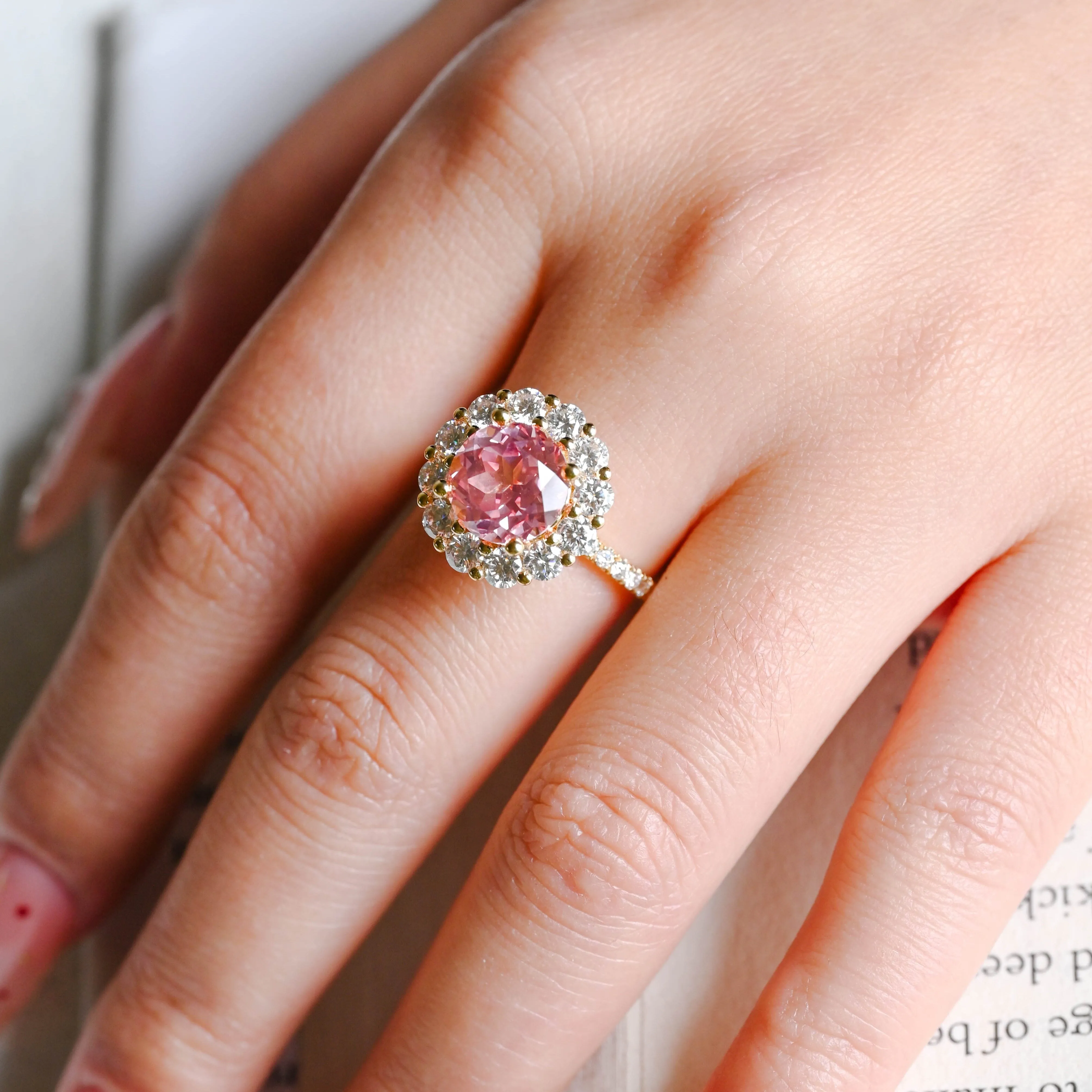 Solid Gold Floral Halo Round Lab Grown Padparadscha Pink Sapphire Engagement Ring sold by Causyou product image thumbnail 4