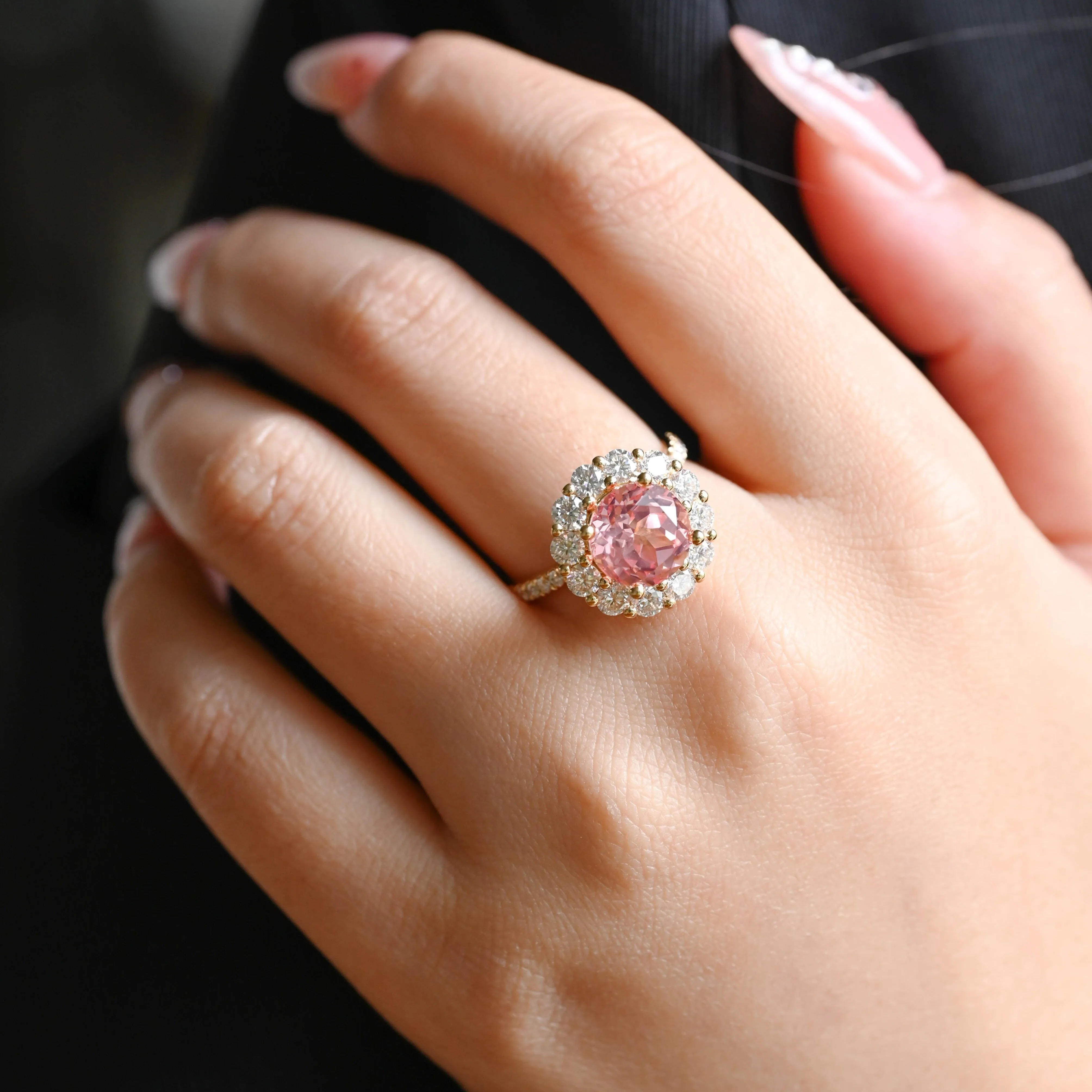 Solid Gold Floral Halo Round Lab Grown Padparadscha Pink Sapphire Engagement Ring sold by Causyou product image thumbnail 3