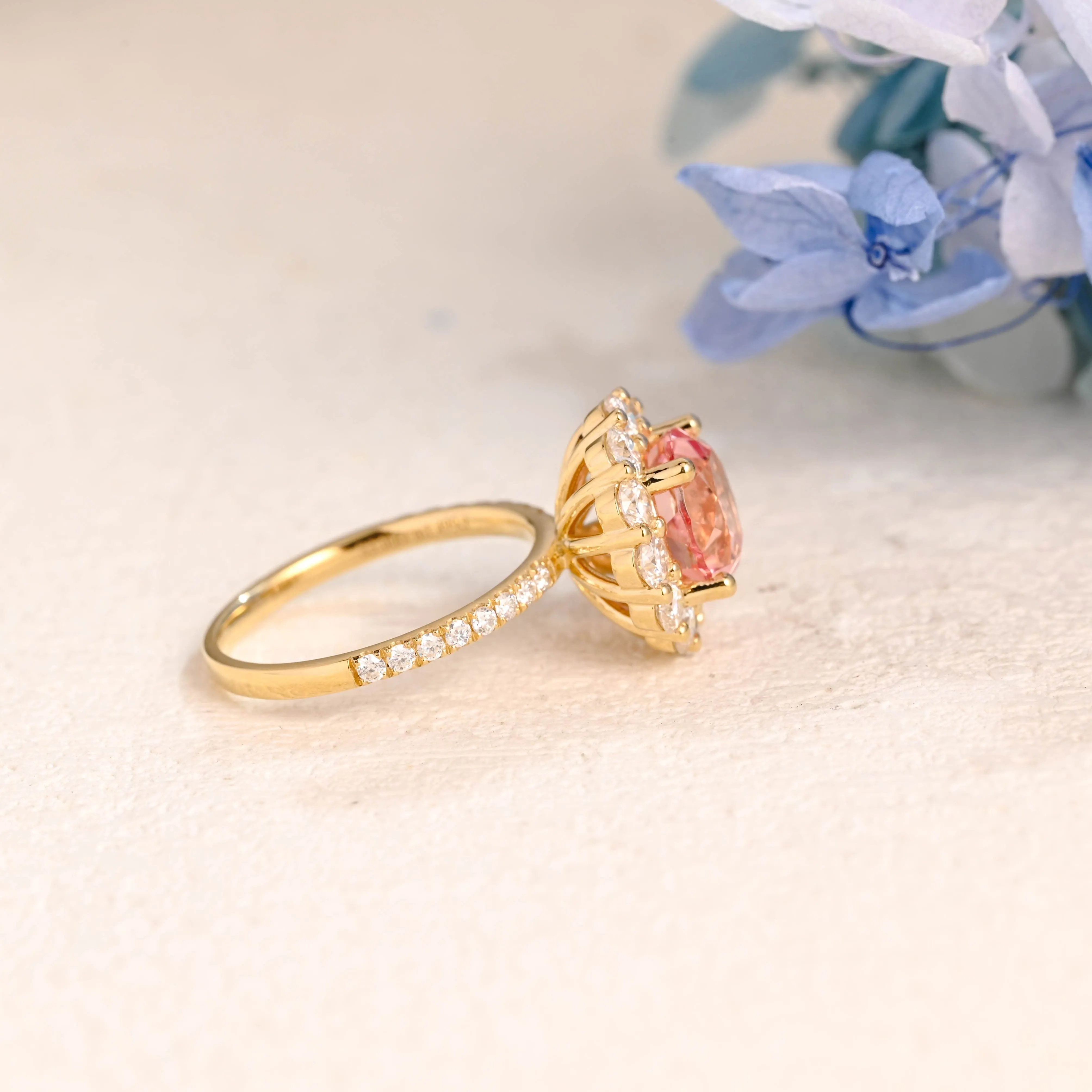 Solid Gold Floral Halo Round Lab Grown Padparadscha Pink Sapphire Engagement Ring sold by Causyou product image thumbnail 5