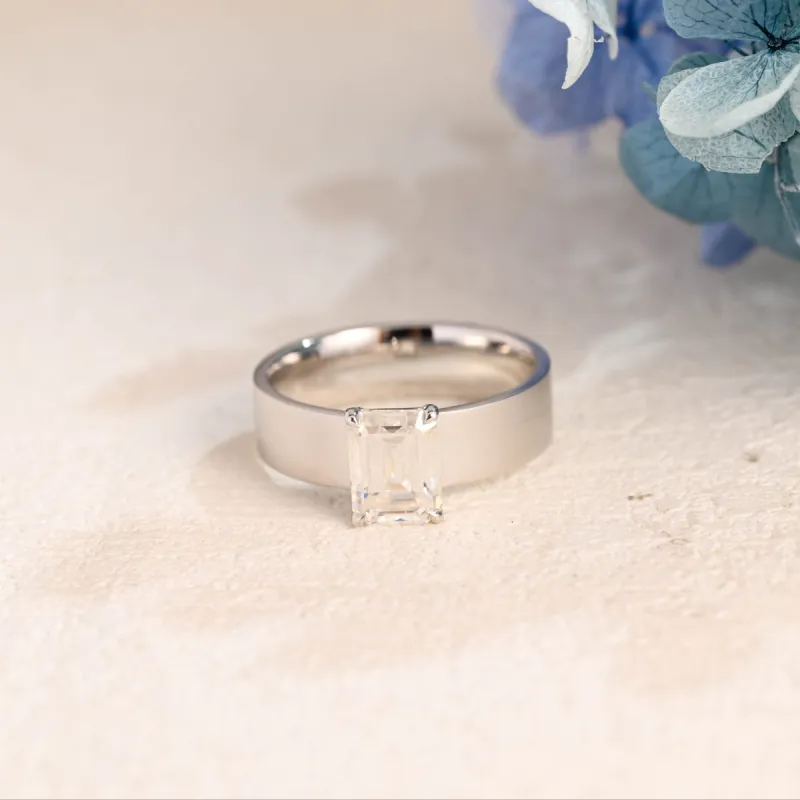 Solid Gold 5mm Width Matt Emerald Cut Moissanite Engagement Ring, Solitaire Promise Ring sold by Causyou
