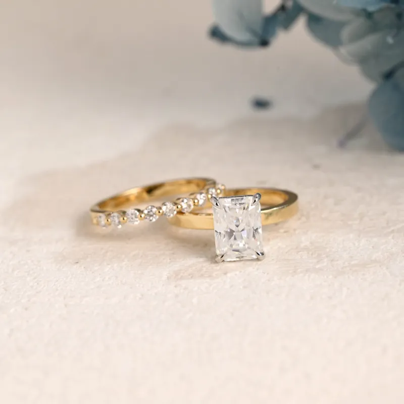 Solid Gold Radiant Cut Moissanite Engagement Wedding Ring Set Flat Band sold by Causyou