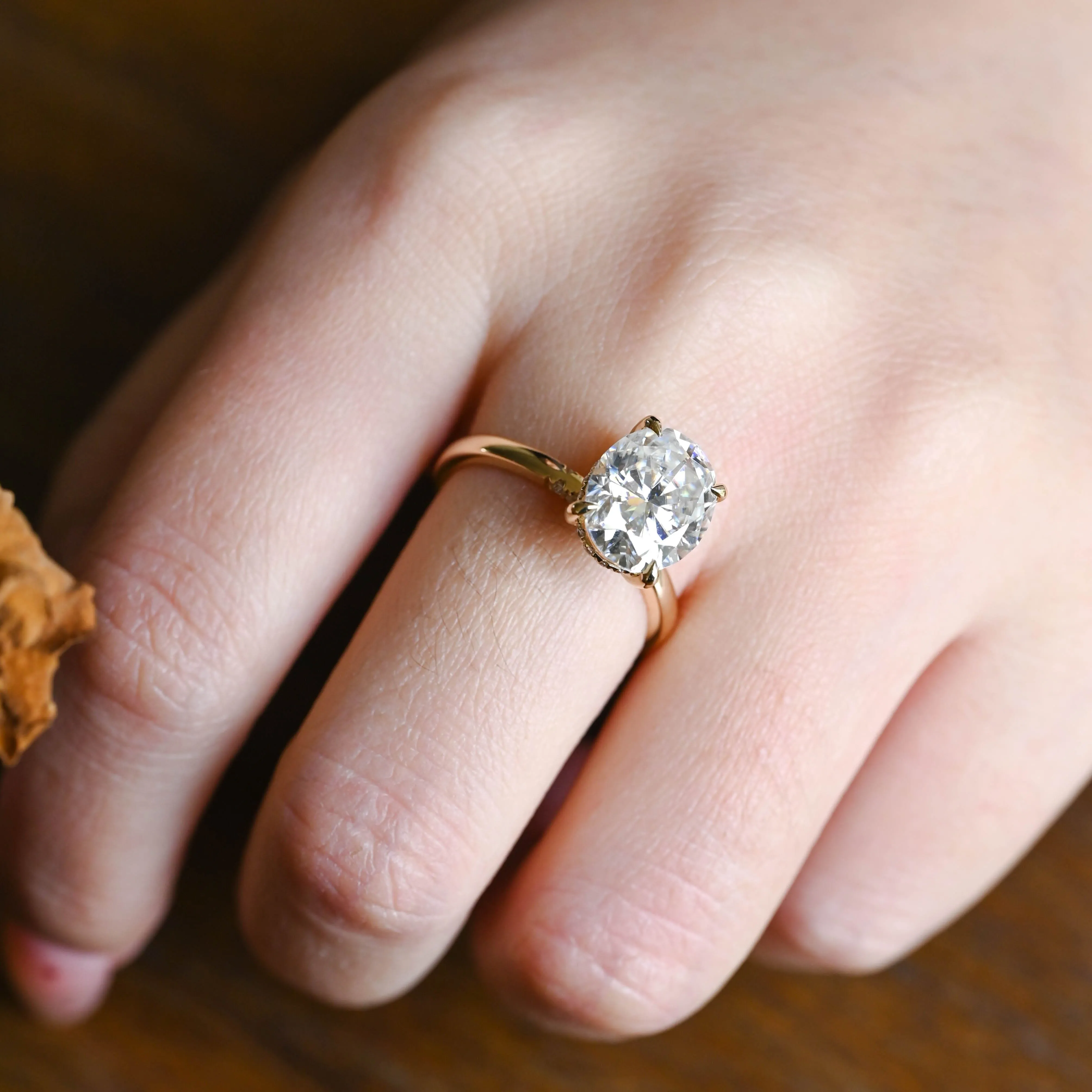 Solid Gold Hidden Halo Oval Cut Moissanite Engagement Ring sold by Causyou product image thumbnail 3