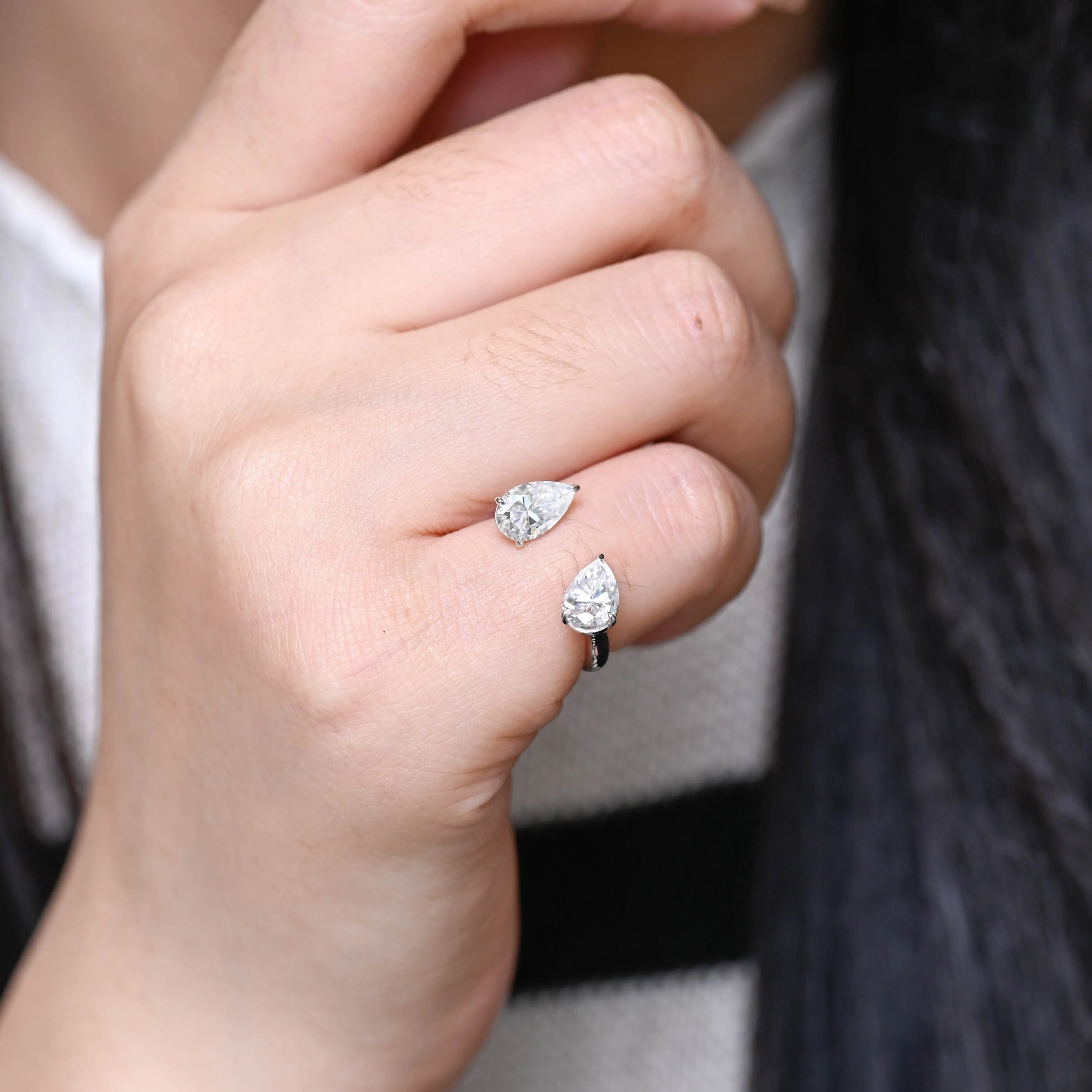 Open Cuff Pear-Cut Moissanite Ring, Minimalist Toi et Moi Duo Stone Ring sold by Causyou product image thumbnail 4