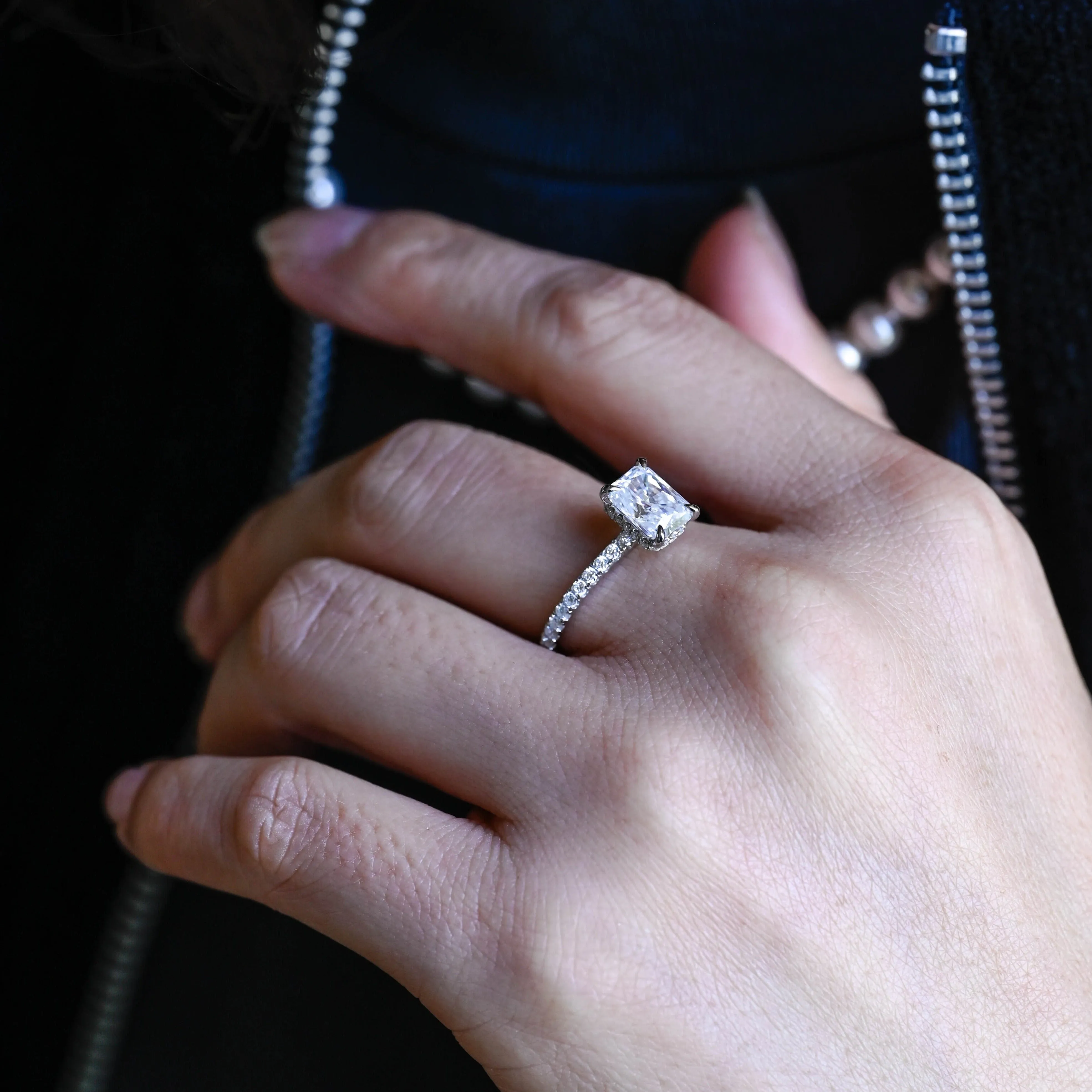 Solid Gold Hidden Halo Radiant Cut Moissanite Engagement Ring sold by Causyou product image thumbnail 4