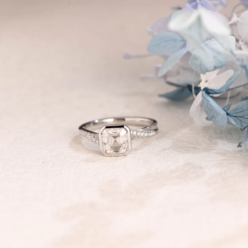 Solid Gold Half Eternity Asscher Cut Moissanite Engagement Ring, Gift for Women sold by Causyou