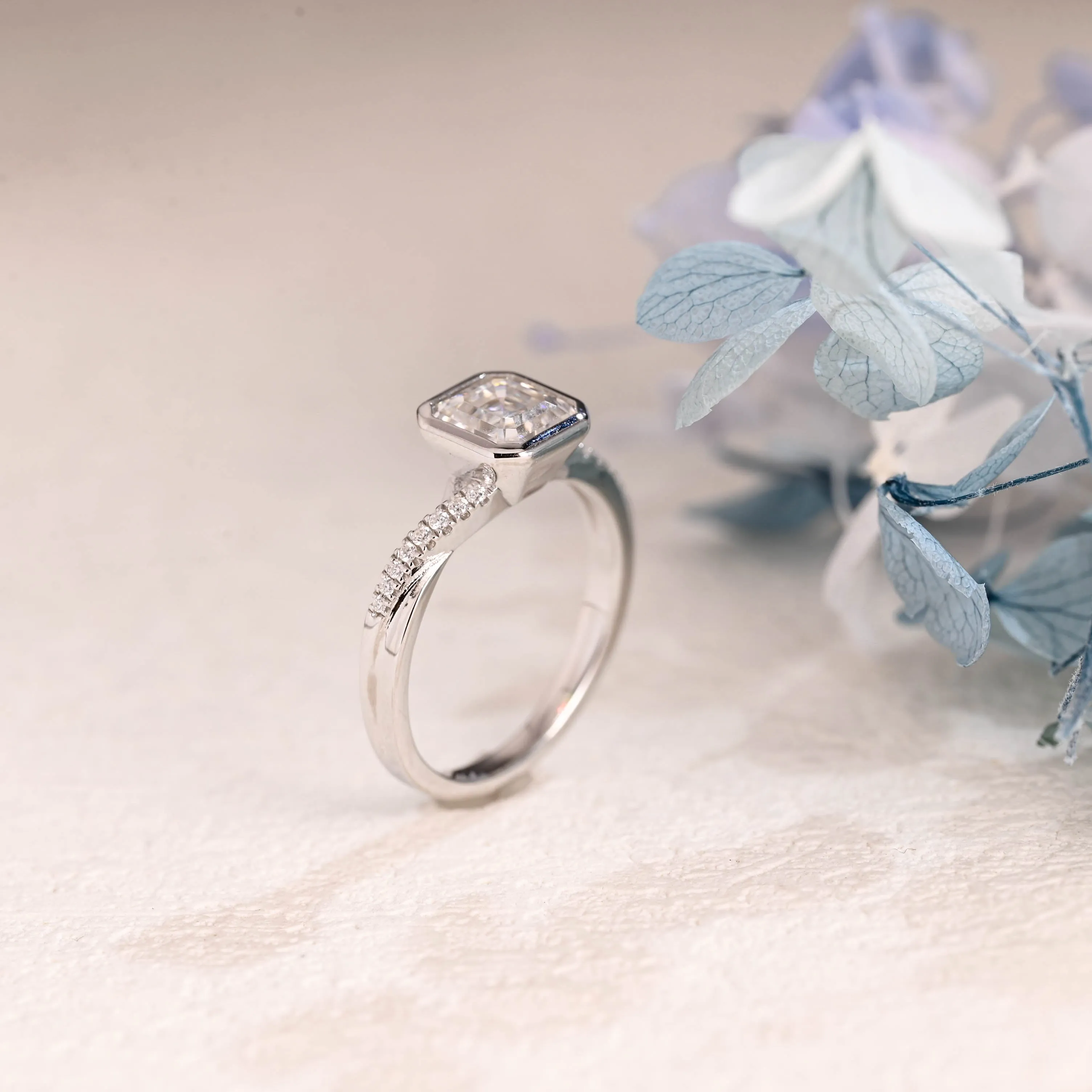 Solid Gold Half Eternity Asscher Cut Moissanite Engagement Ring, Gift for Women sold by Causyou product image thumbnail 4