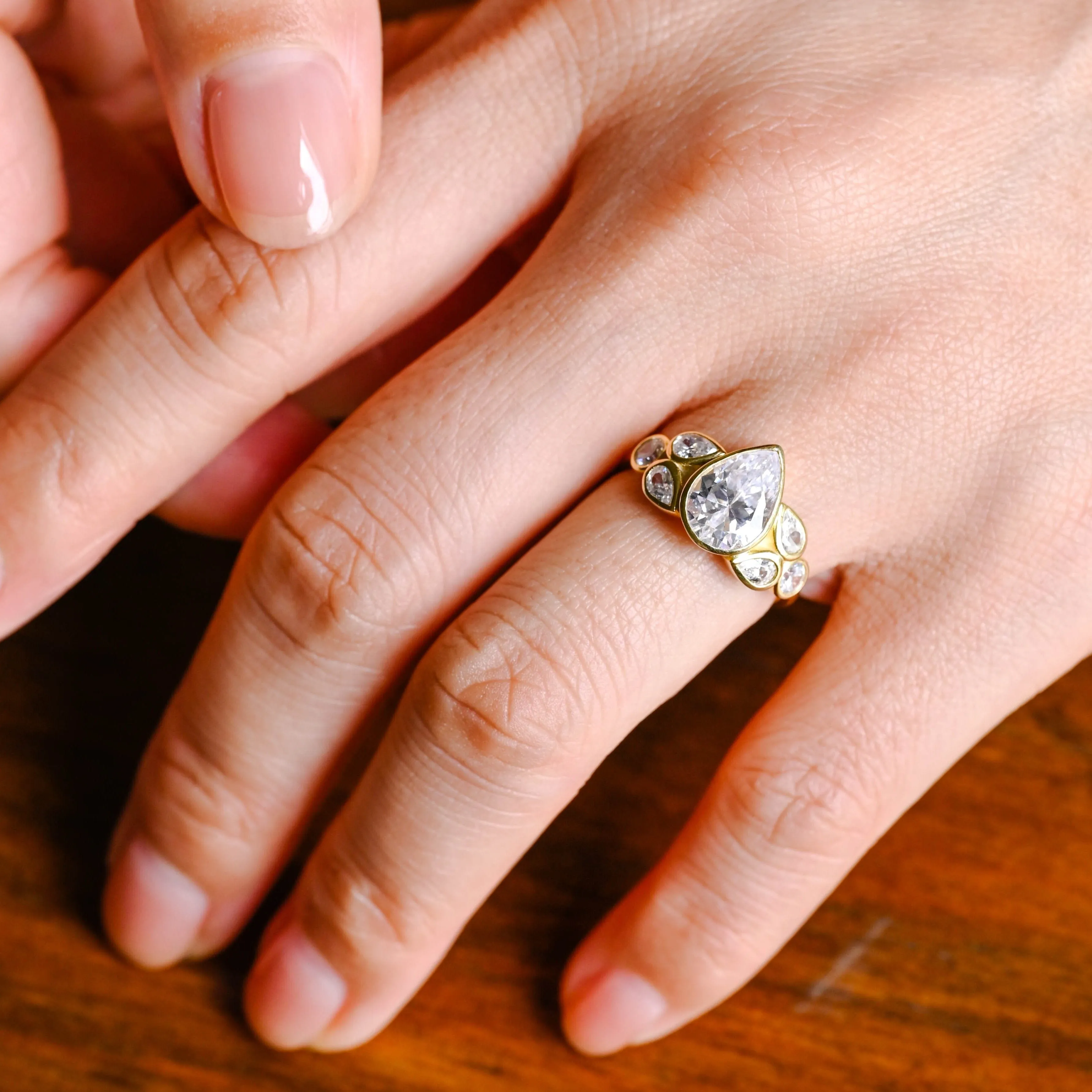 Solid Gold Bezel Pear Cut Moissanite Engagement Ring sold by Causyou product image thumbnail 3