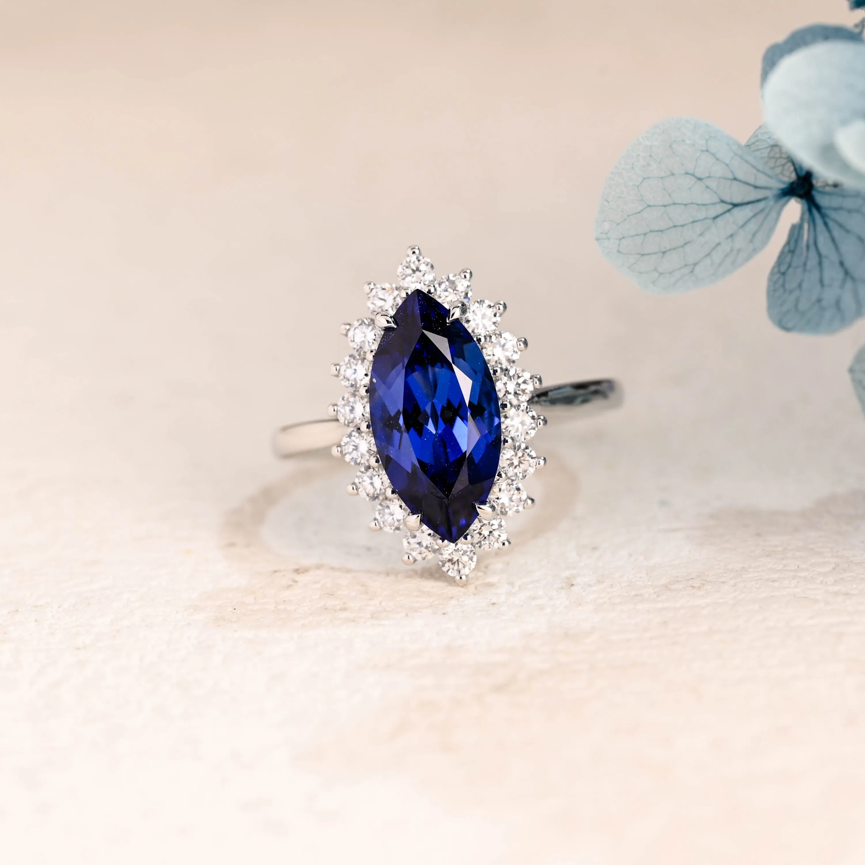 Solid Gold Halo Marquise Cut Lab Grown Blue Sapphire Engagement Ring sold by Causyou