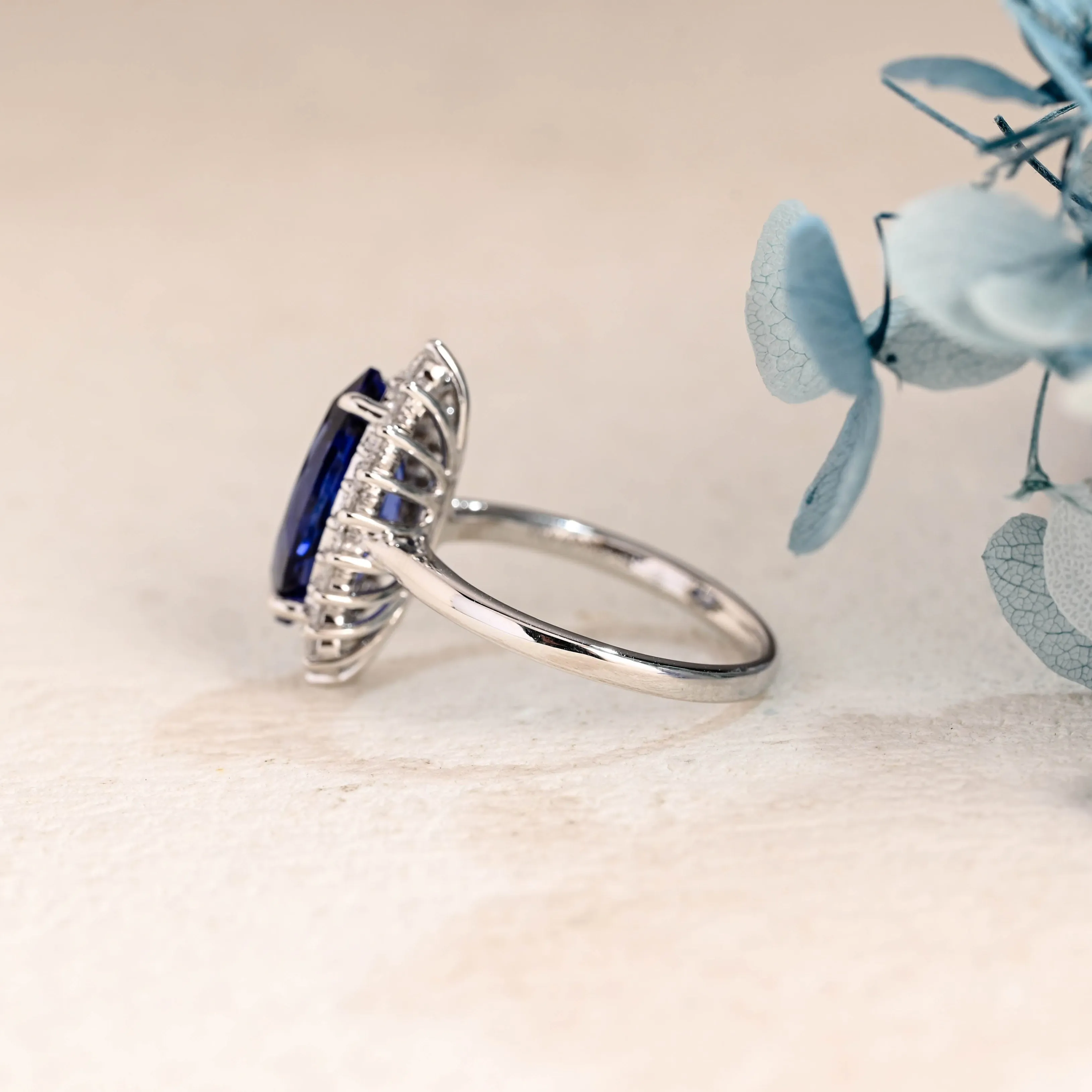 Solid Gold Halo Marquise Cut Lab Grown Blue Sapphire Engagement Ring sold by Causyou product image thumbnail 5