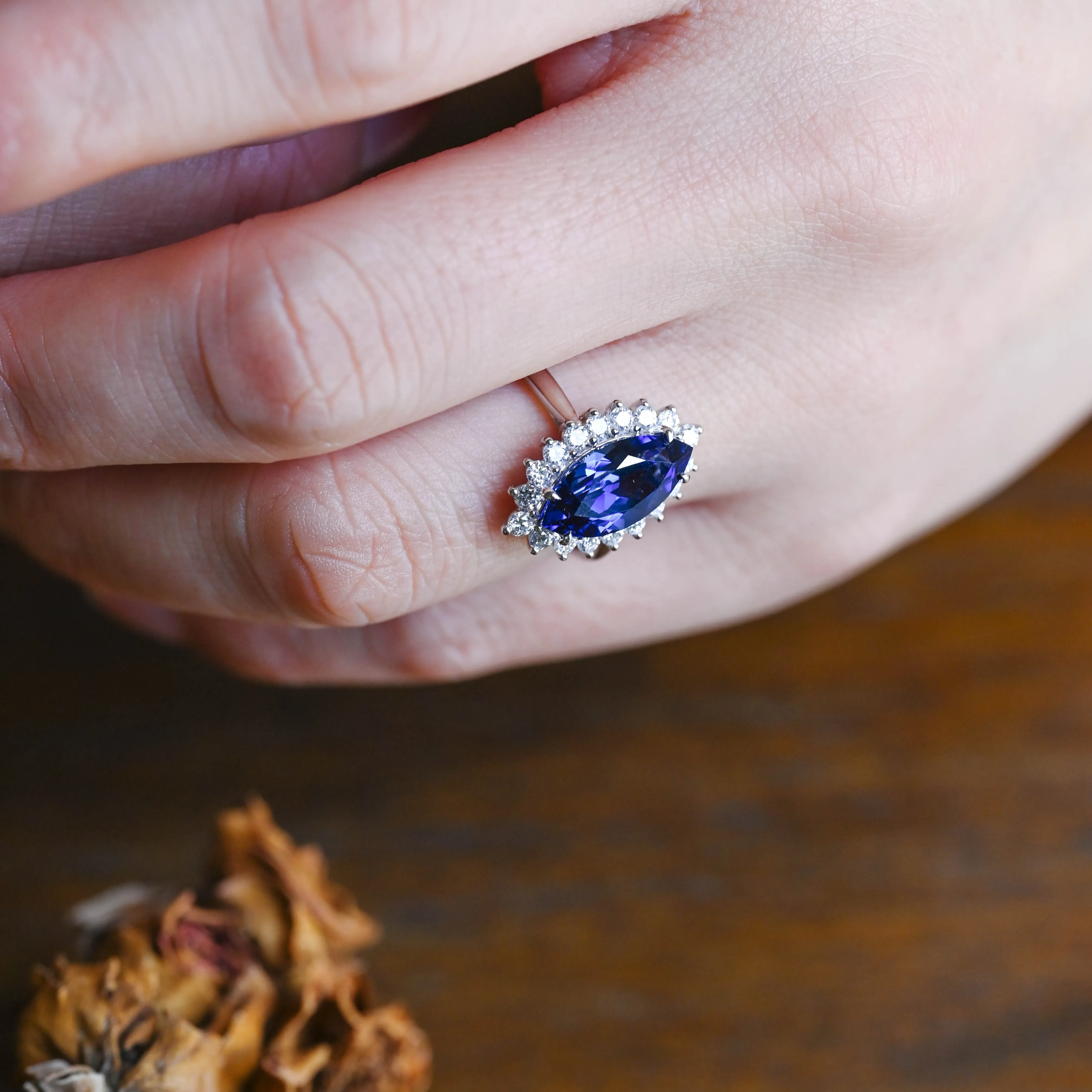 Solid Gold Halo Marquise Cut Lab Grown Blue Sapphire Engagement Ring sold by Causyou product image thumbnail 3