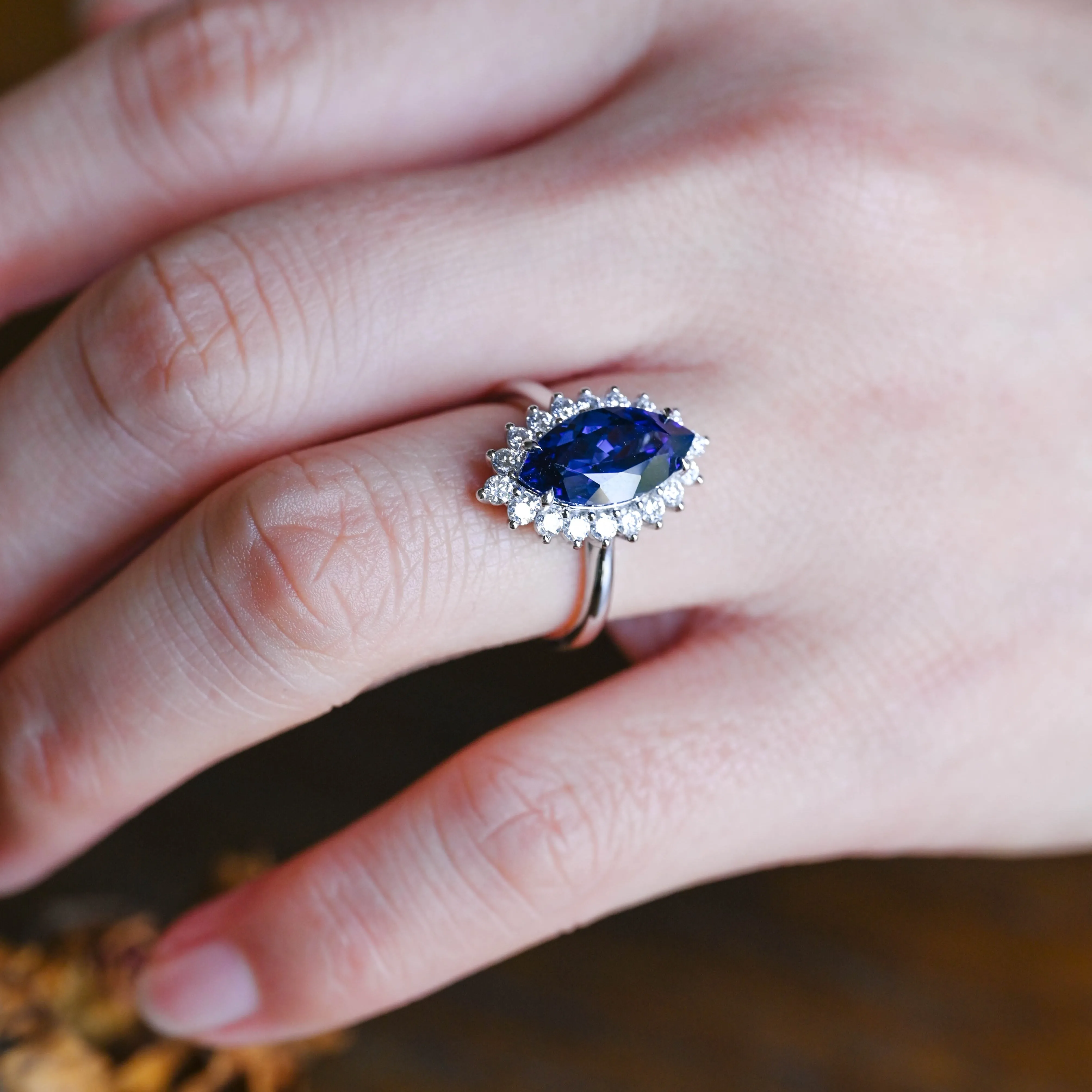 Solid Gold Halo Marquise Cut Lab Grown Blue Sapphire Engagement Ring sold by Causyou product image thumbnail 2