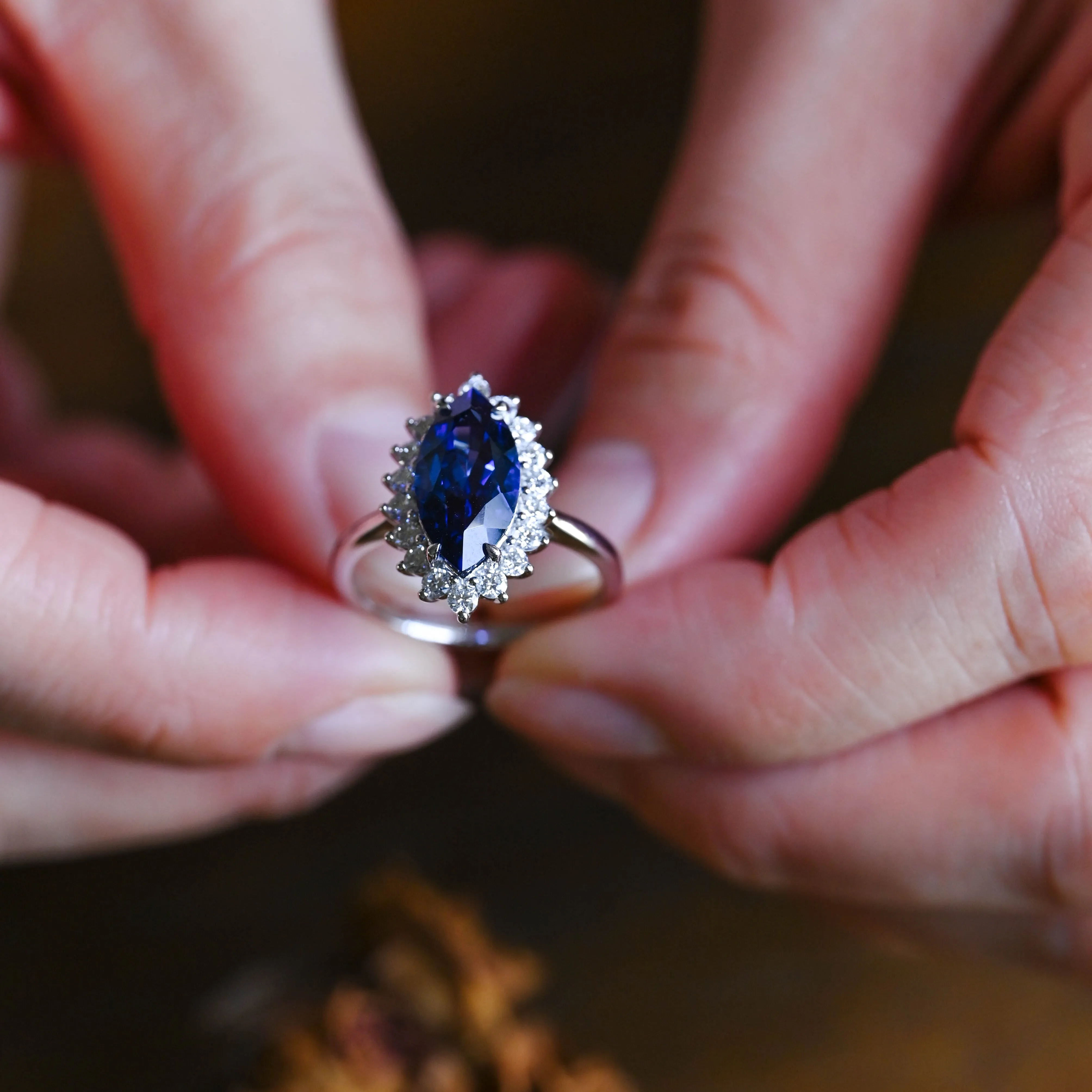 Solid Gold Halo Marquise Cut Lab Grown Blue Sapphire Engagement Ring sold by Causyou product image thumbnail 4