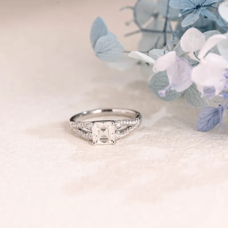 Solid Gold Double Half Eternity Asscher Cut Moissanite Engagement Ring made by Causyou