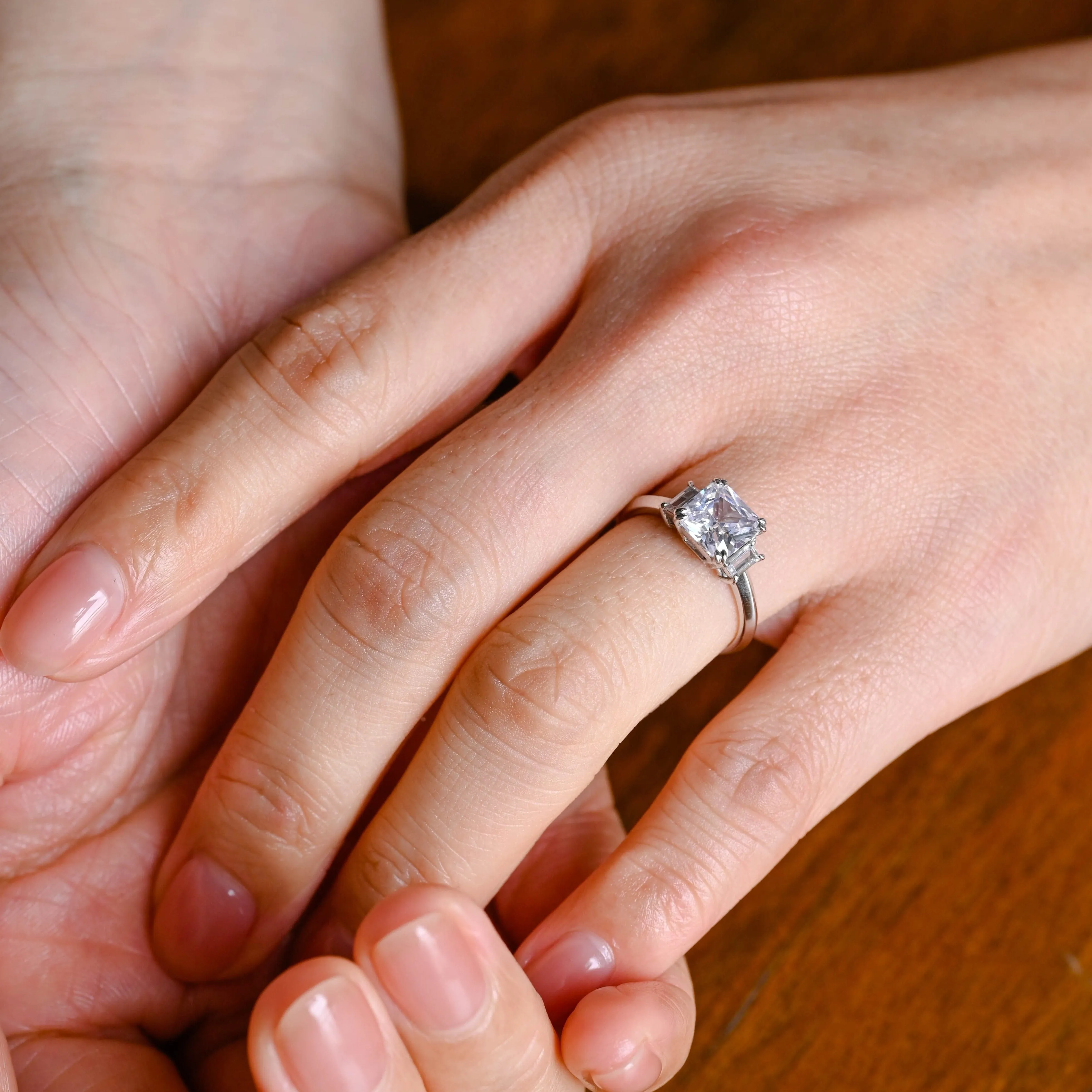 Solid Gold Three Stone Princess Cut Moissanite Engagement Ring sold by Causyou product image thumbnail 3