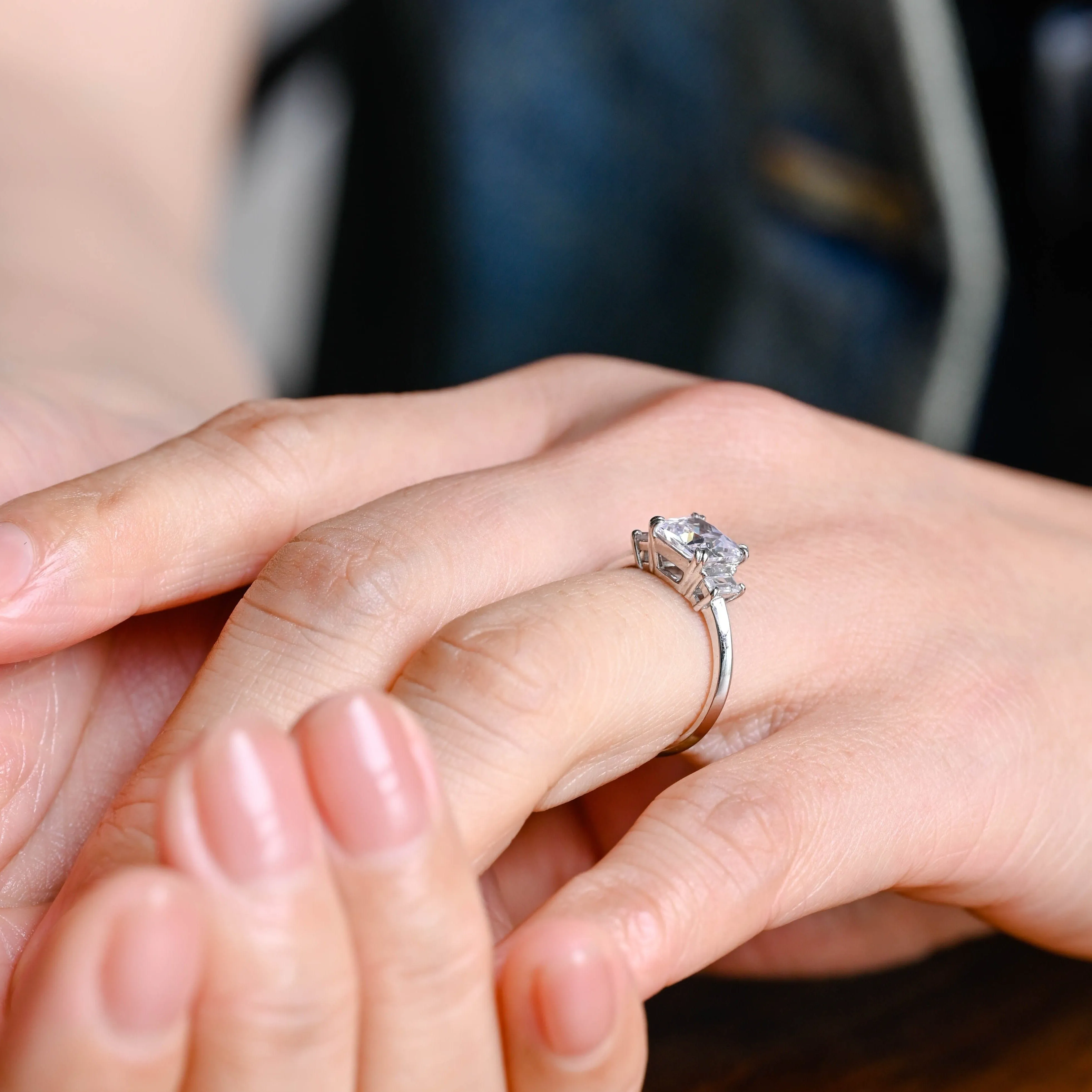 Solid Gold Three Stone Princess Cut Moissanite Engagement Ring sold by Causyou product image thumbnail 4