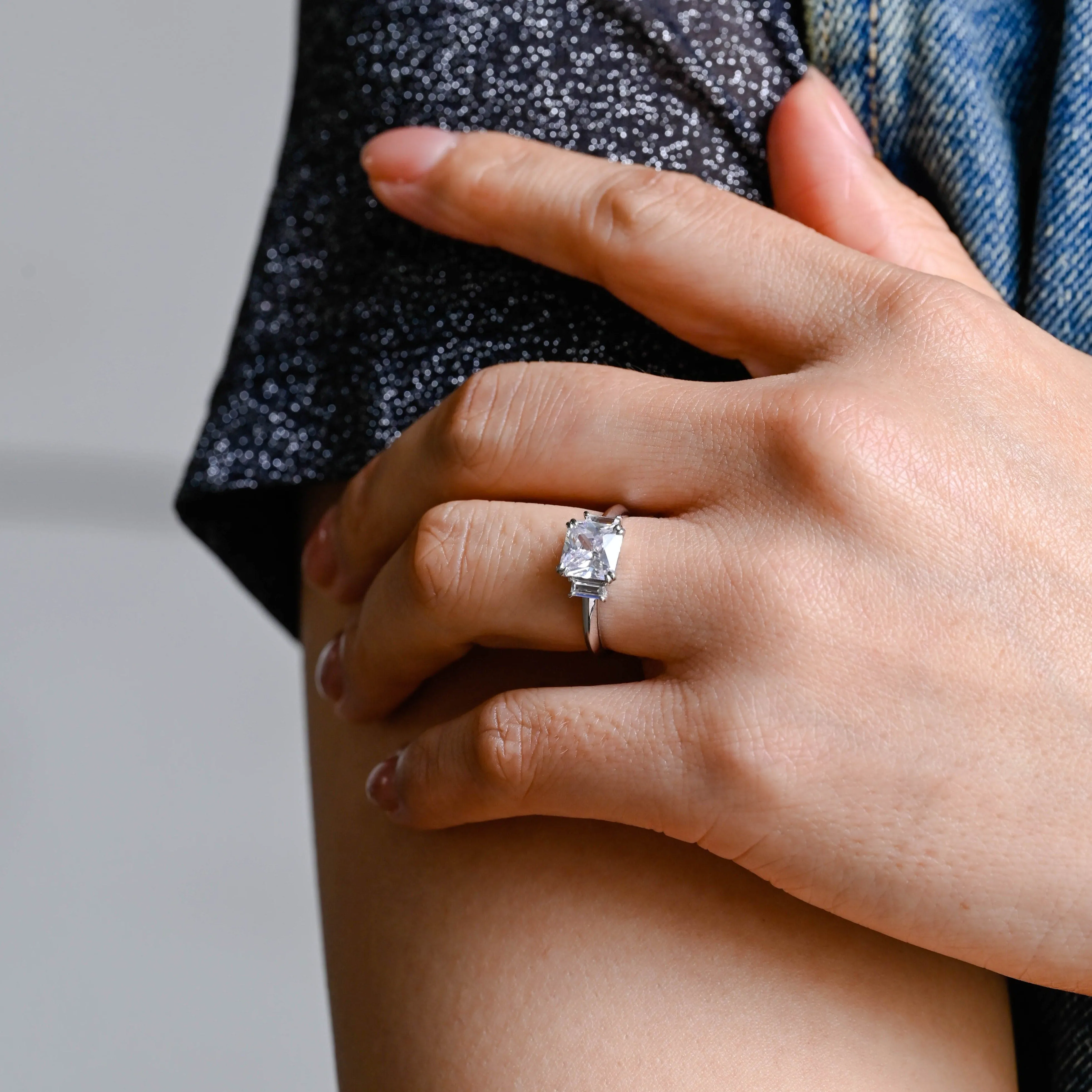 Solid Gold Three Stone Princess Cut Moissanite Engagement Ring sold by Causyou product image thumbnail 2