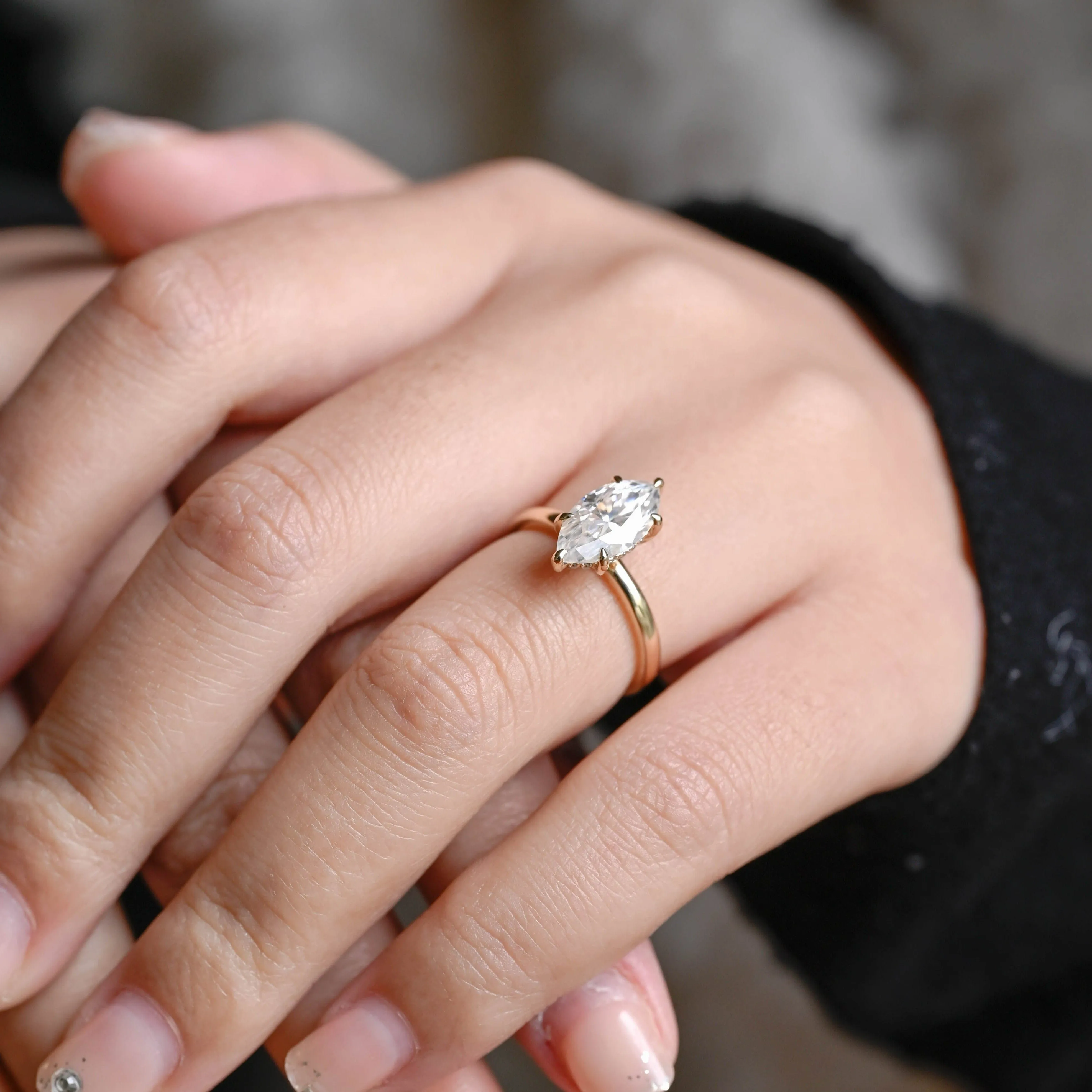 Solid Gold Hidden Halo Marquise Cut Moissanite Engagement Ring sold by Causyou product image thumbnail 4