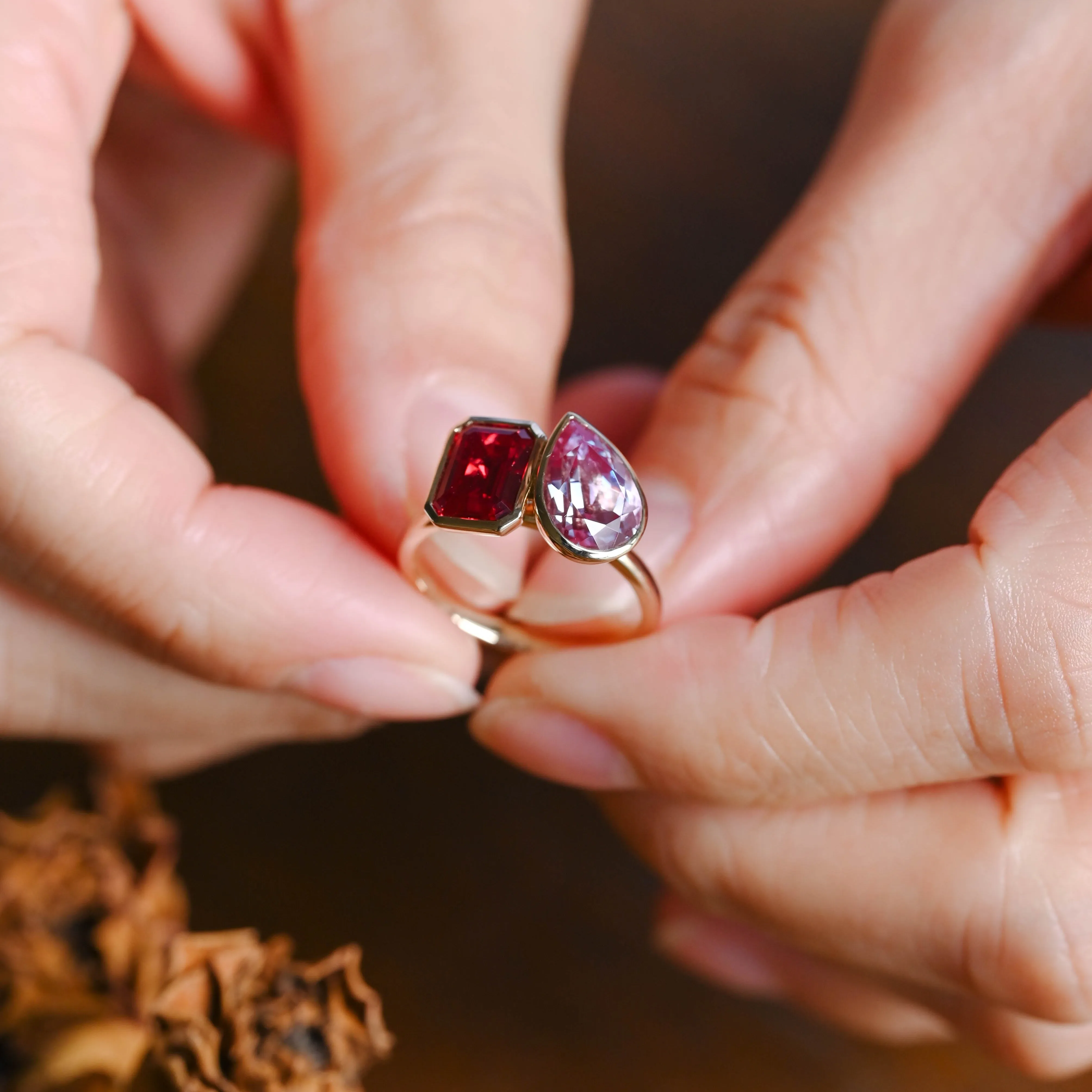 Solid Gold Toi Et Moi Emerald Cut Lab Ruby & Pear Cut Alexandrite Engagement Ring sold by Causyou product image thumbnail 4