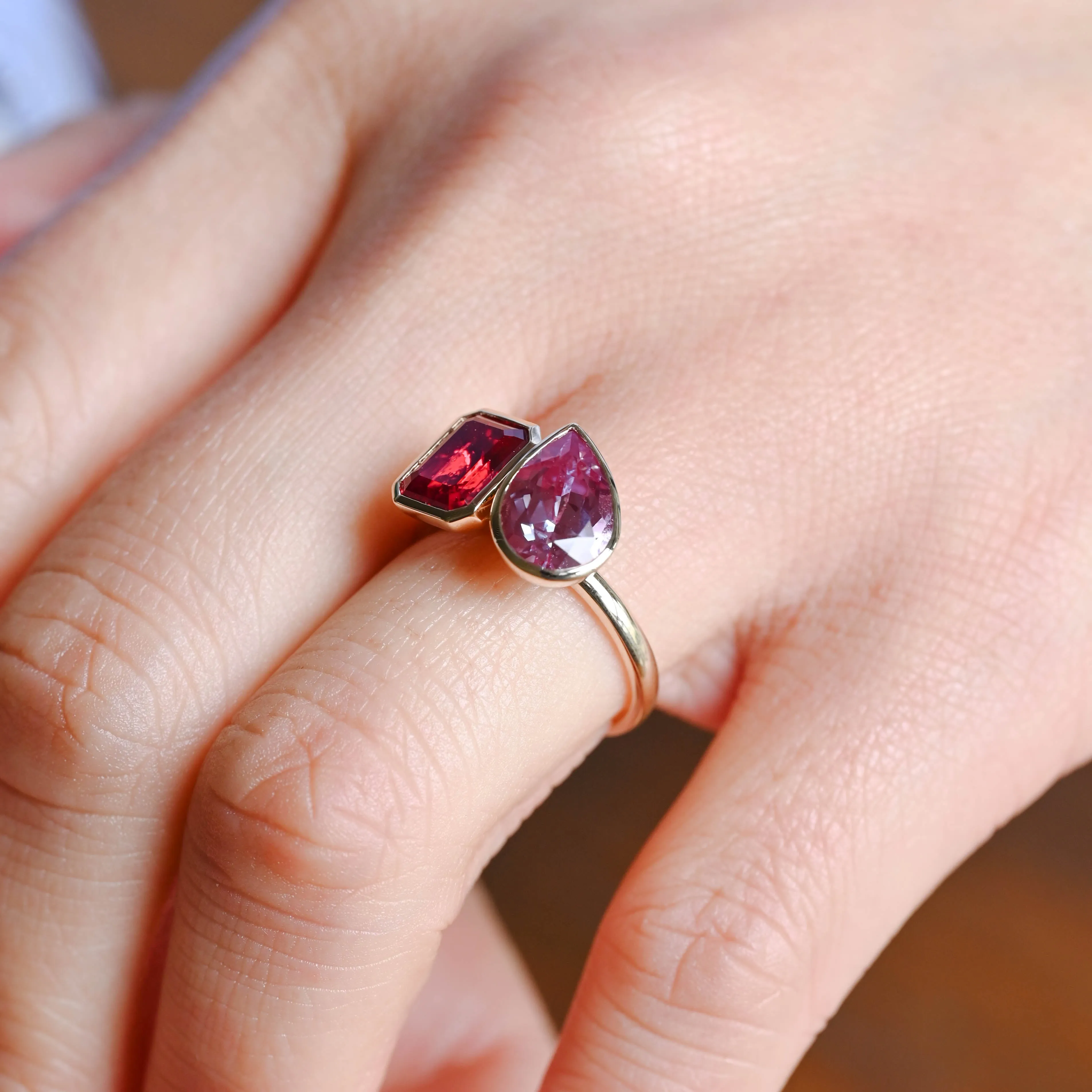 Solid Gold Toi Et Moi Emerald Cut Lab Ruby & Pear Cut Alexandrite Engagement Ring sold by Causyou product image thumbnail 3