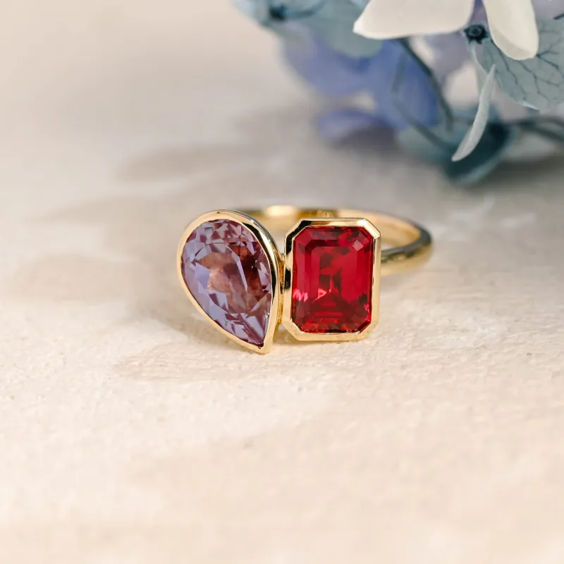 Solid Gold Toi Et Moi Emerald Cut Lab Ruby & Pear Cut Alexandrite Engagement Ring sold by Causyou