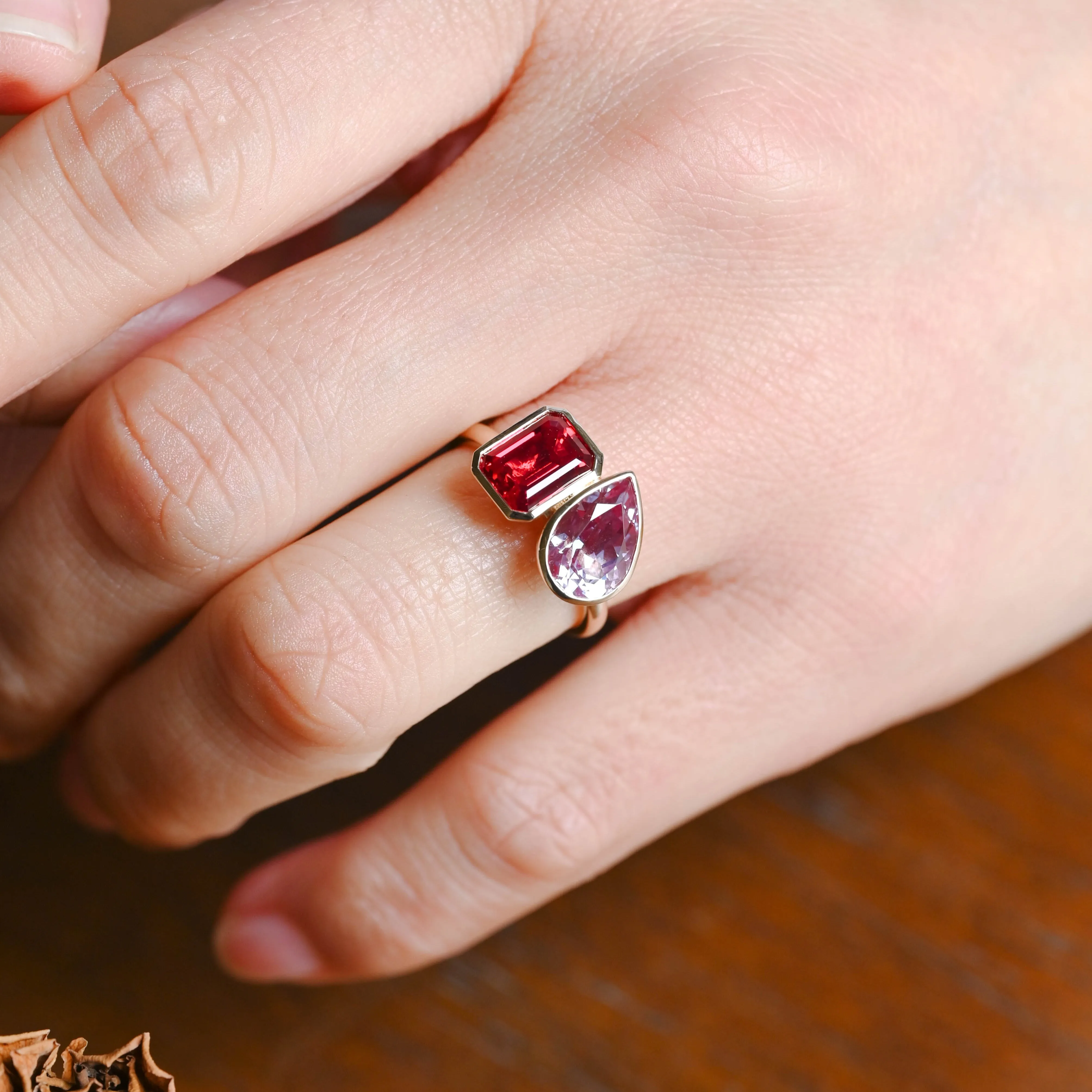Solid Gold Toi Et Moi Emerald Cut Lab Ruby & Pear Cut Alexandrite Engagement Ring sold by Causyou product image thumbnail 2